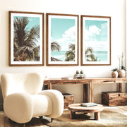 Palm Ocean View Seashore Wall Art - Dark Brown Framed Poster with White Border - Artworksets