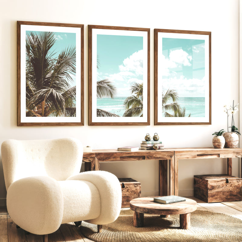 Palm Ocean View Seashore Wall Art - Dark Brown Framed Poster with White Border - Artworksets