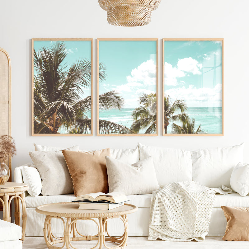 Palm Ocean View Seashore Wall Art - Natural Wood Framed Poster No Border - Artworksets
