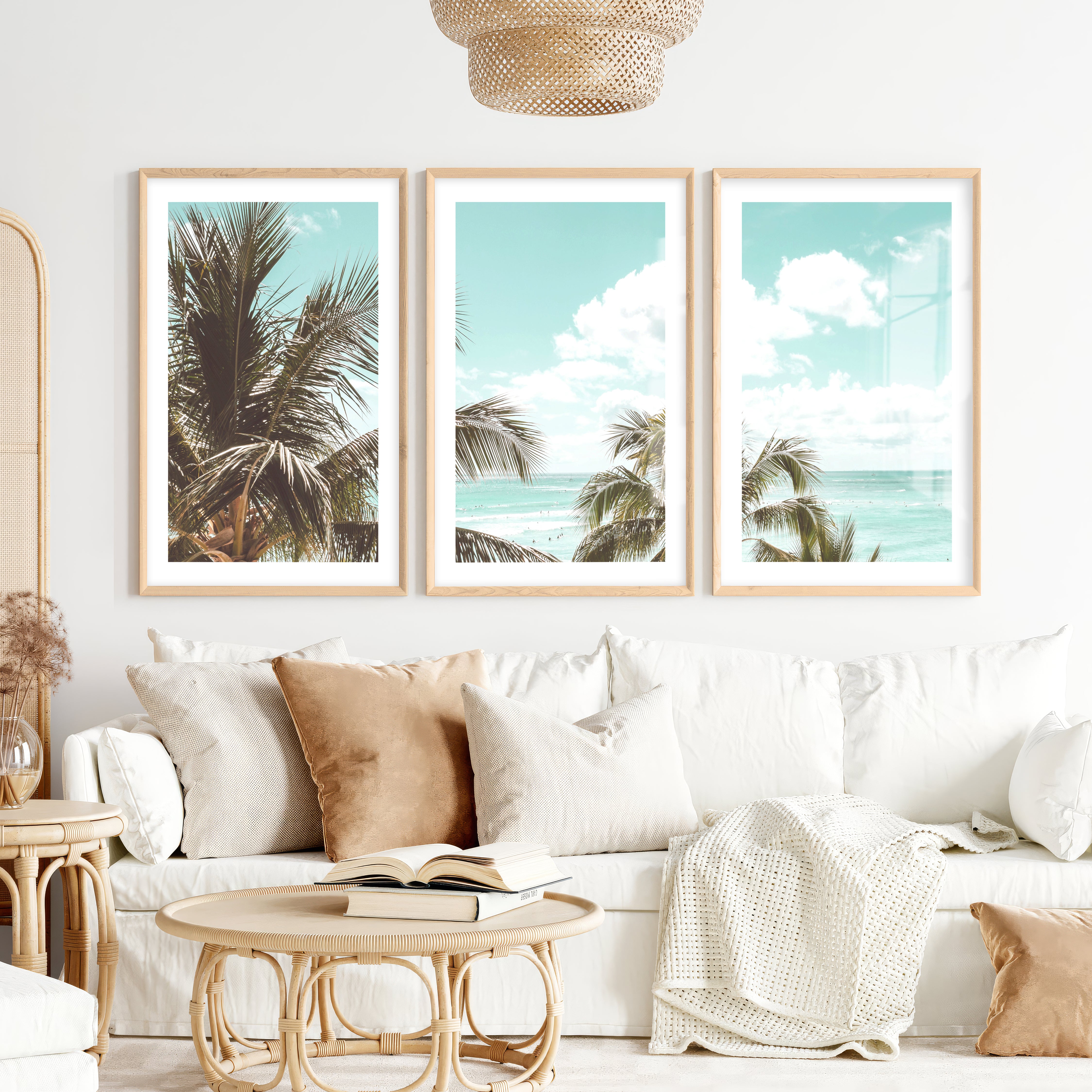 Palm Ocean View Seashore Wall Art- Natural Wood Framed Poster with White Border - Artworksets