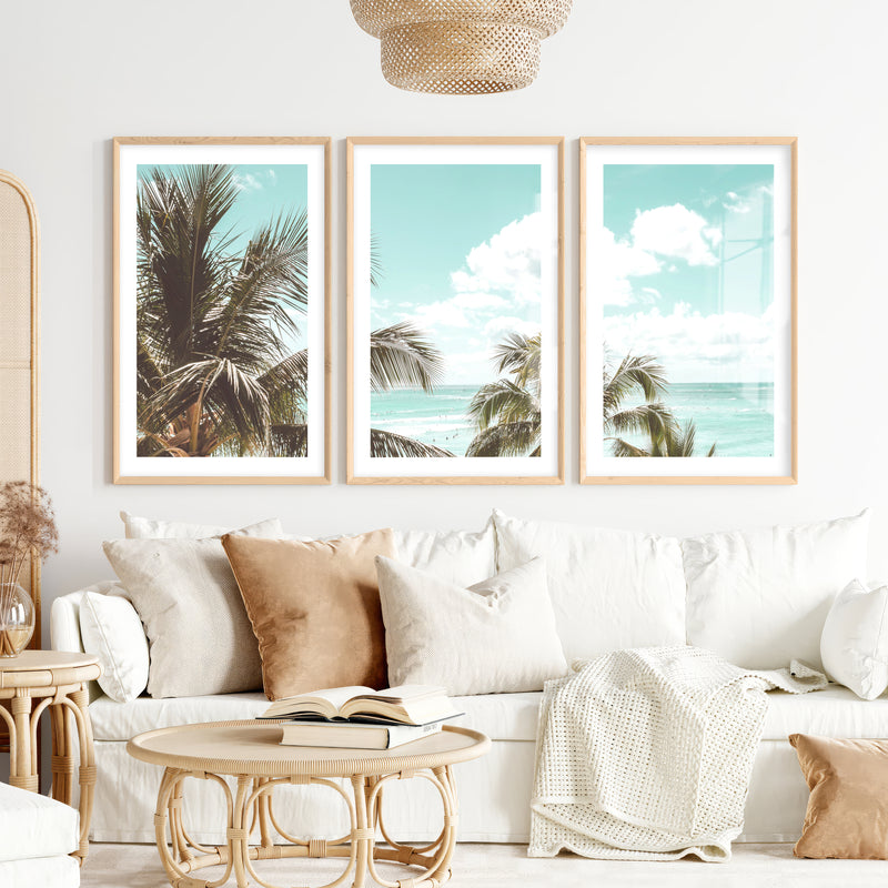 Palm Ocean View Seashore Wall Art- Natural Wood Framed Poster with White Border - Artworksets