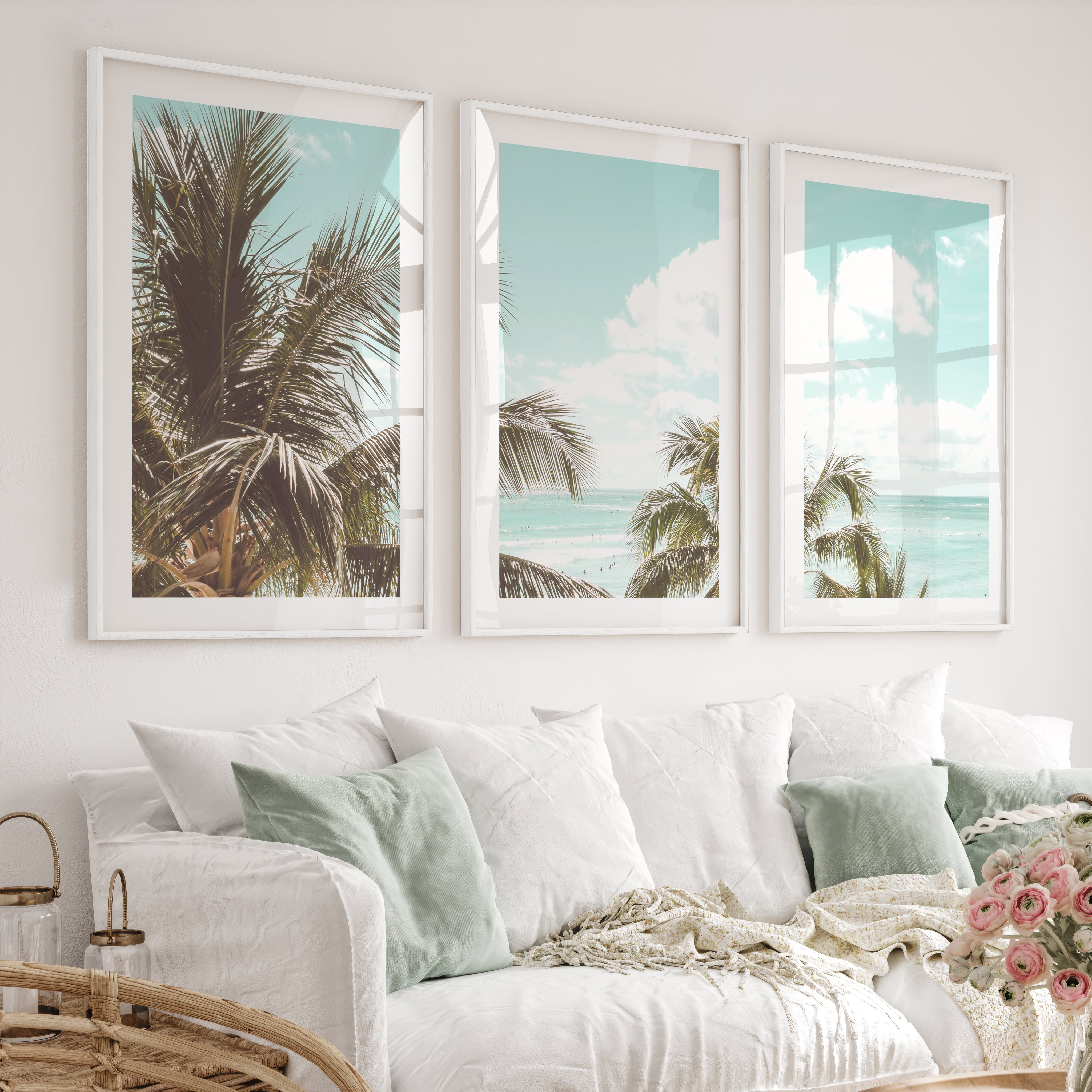 Palm Ocean View Seashore Wall Art - White Framed Poster with White Border - Artworksets