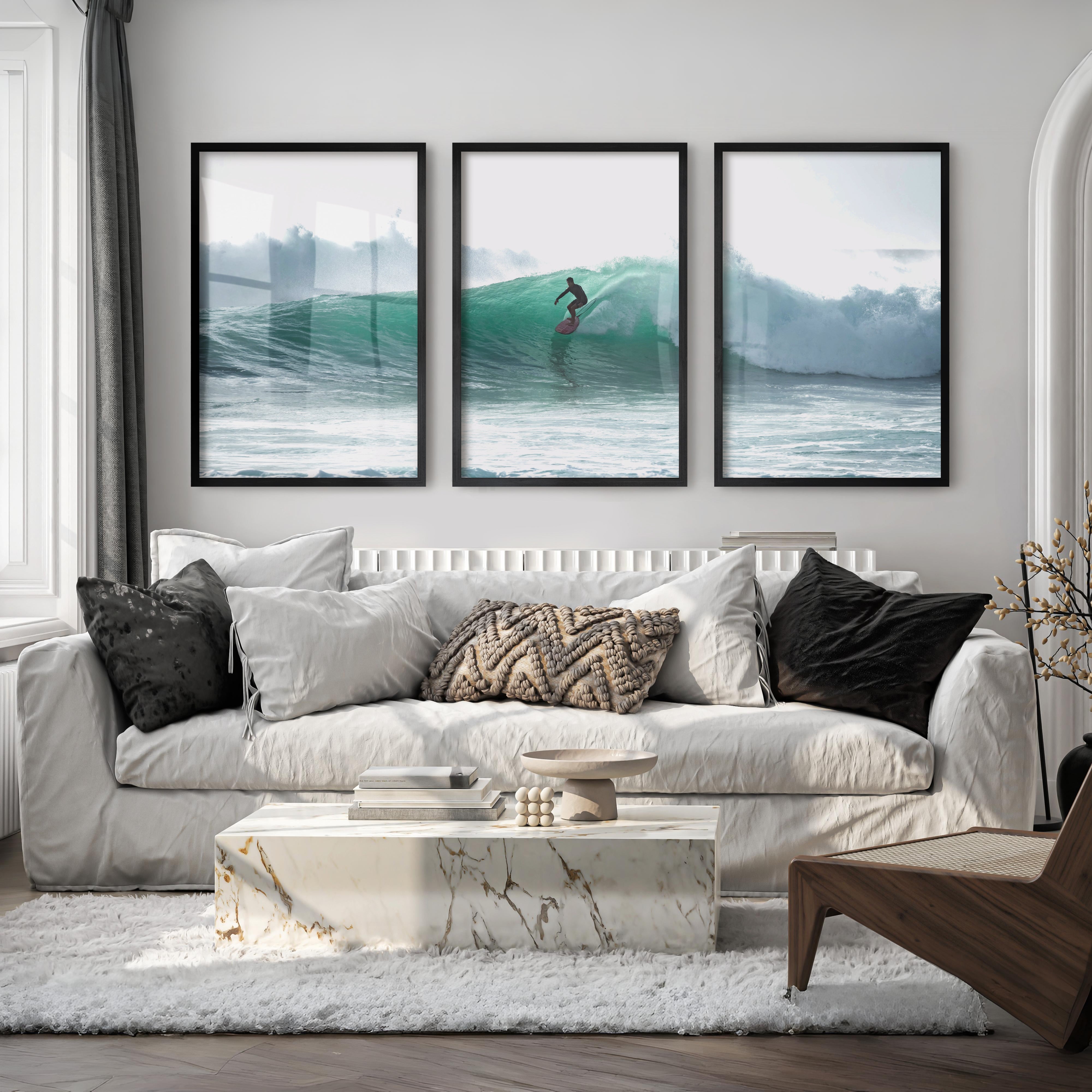 Surfer on Turquoise Wave Seashore Wall Art - Black Framed Poster No Border - Artworksets