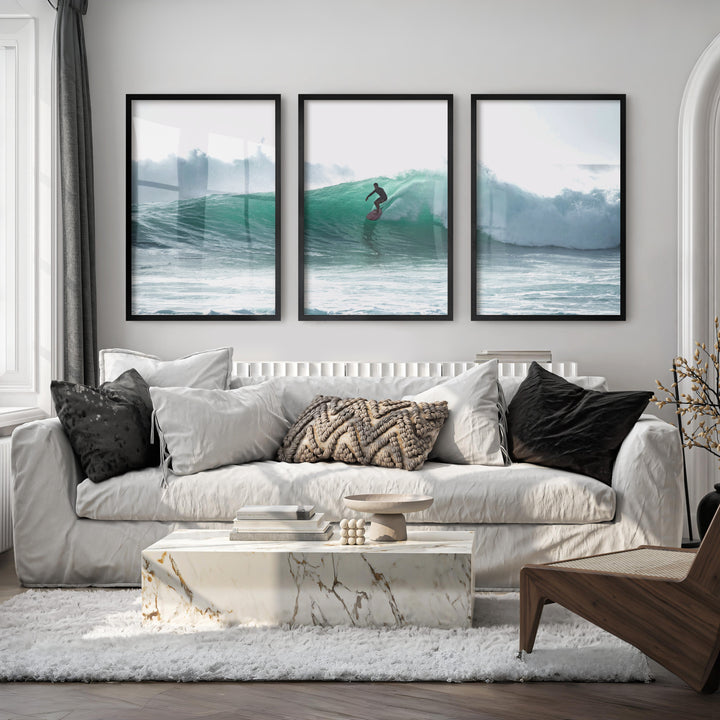 Surfer on Turquoise Wave Seashore Wall Art - Black Framed Poster No Border - Artworksets
