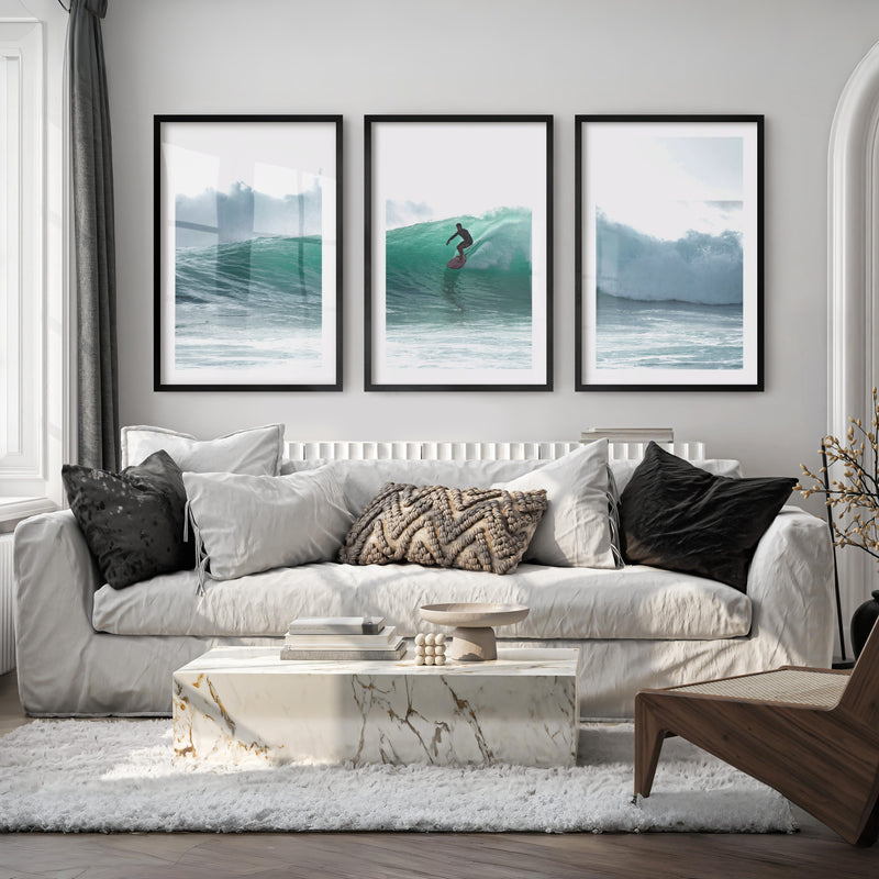 Surfer on Turquoise Wave Seashore Wall Art - Black Framed Poster with White Border - Artworksets
