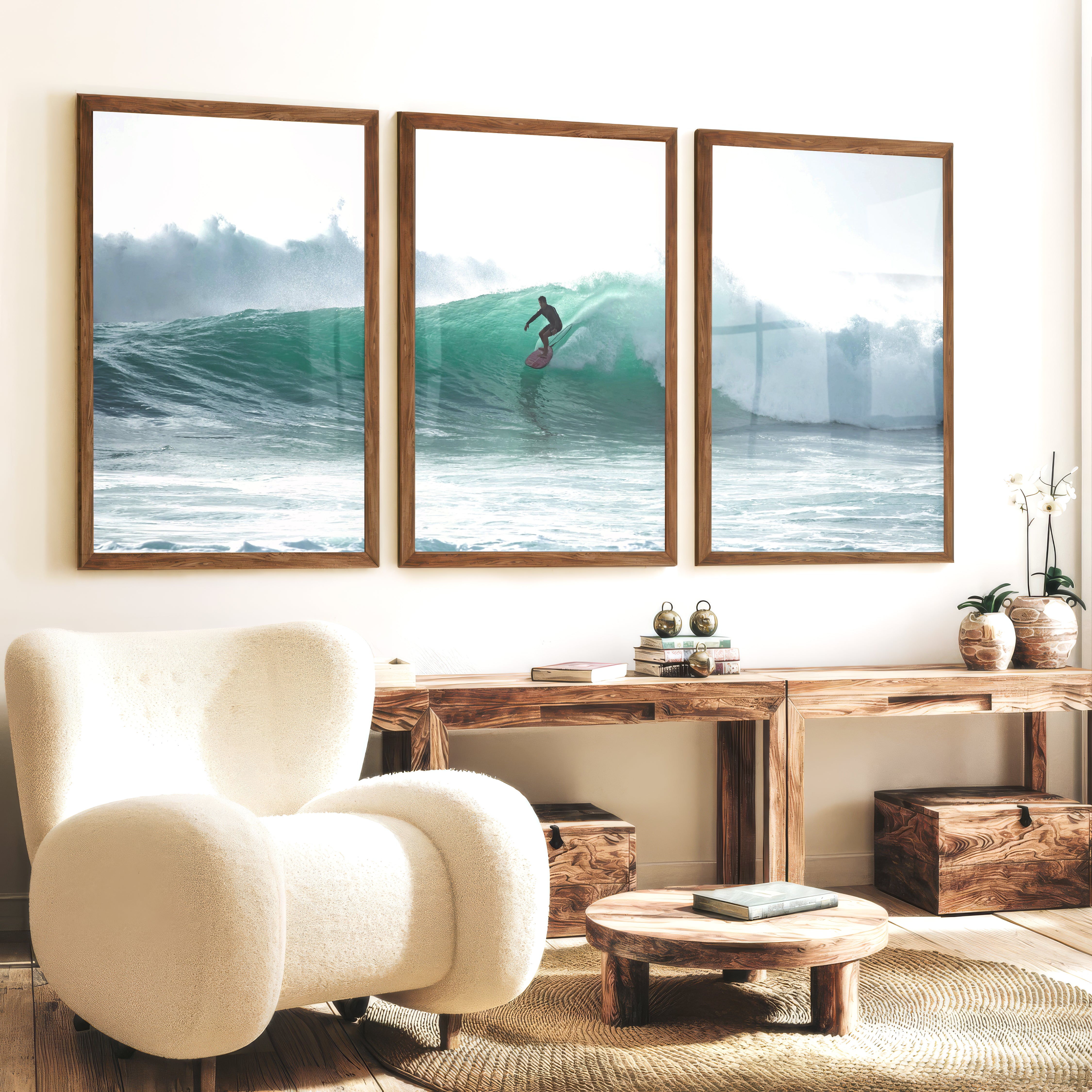 Surfer on Turquoise Wave Seashore Wall Art - Dark Brown Framed Poster No Border - Artworksets