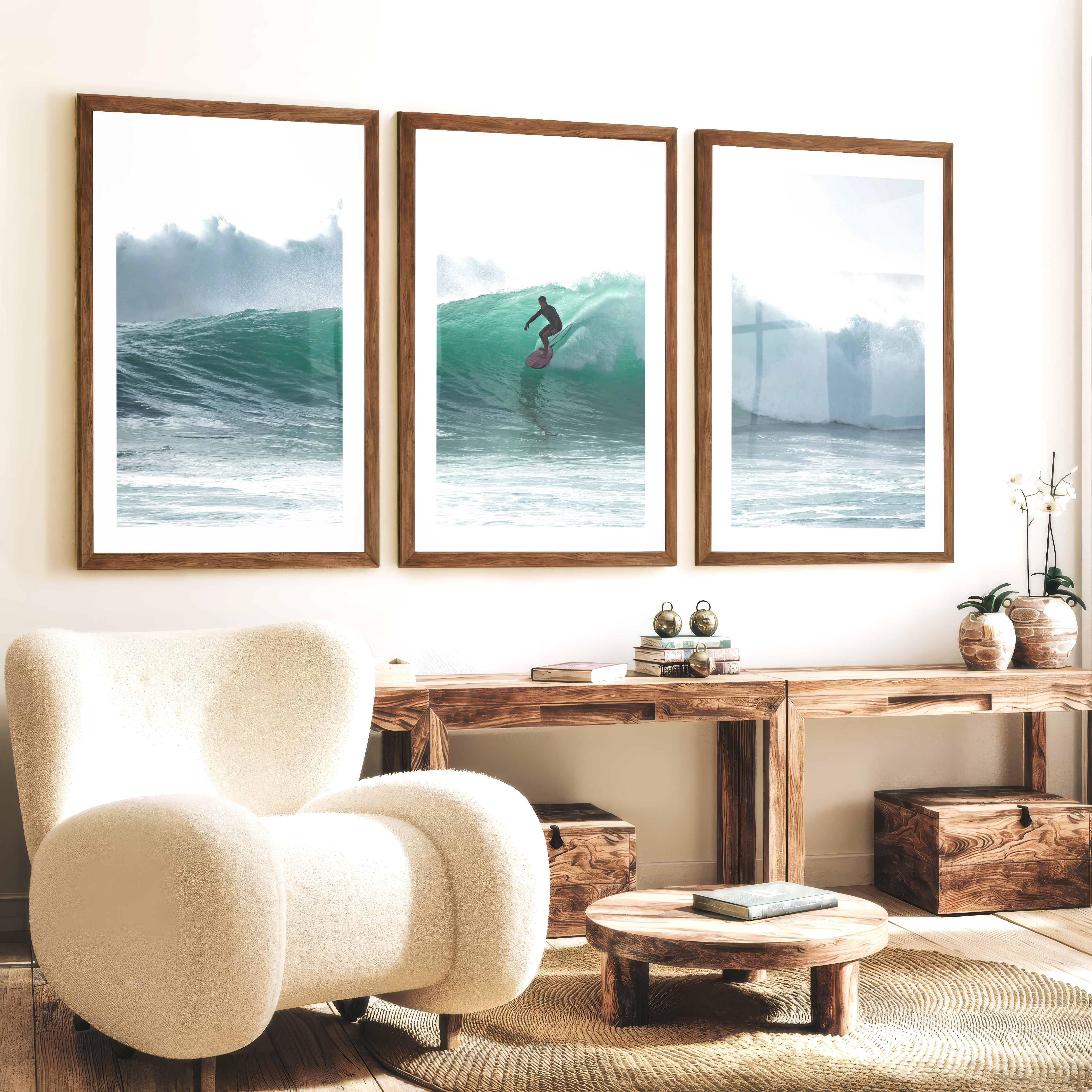 Surfer on Turquoise Wave Seashore Wall Art - Dark Brown Framed Poster with White Border - Artworksets