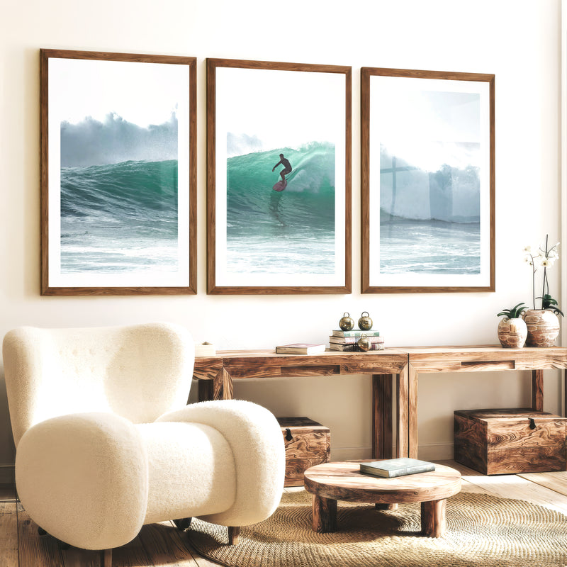 Surfer on Turquoise Wave Seashore Wall Art - Dark Brown Framed Poster with White Border - Artworksets