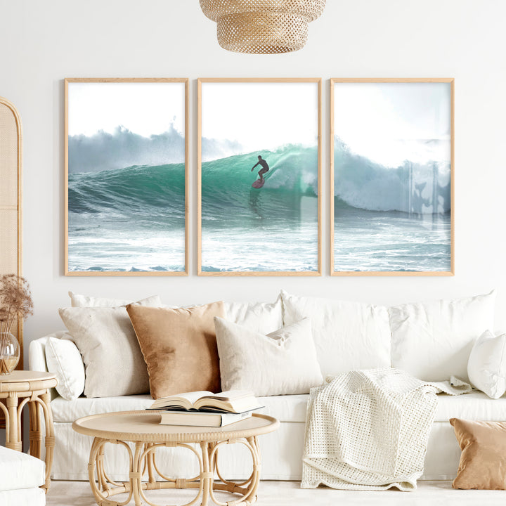 Surfer on Turquoise Wave Seashore Wall Art - Natural Wood Framed Poster No Border - Artworksets