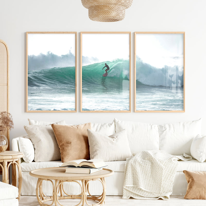 Surfer on Turquoise Wave Seashore Wall Art - Natural Wood Framed Poster No Border - Artworksets