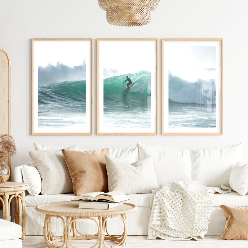 Surfer on Turquoise Wave Seashore Wall Art- Natural Wood Framed Poster with White Border - Artworksets
