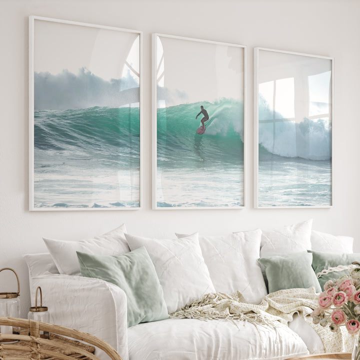 Surfer on Turquoise Wave Seashore Wall Art - White Framed Poster No Border - Artworksets