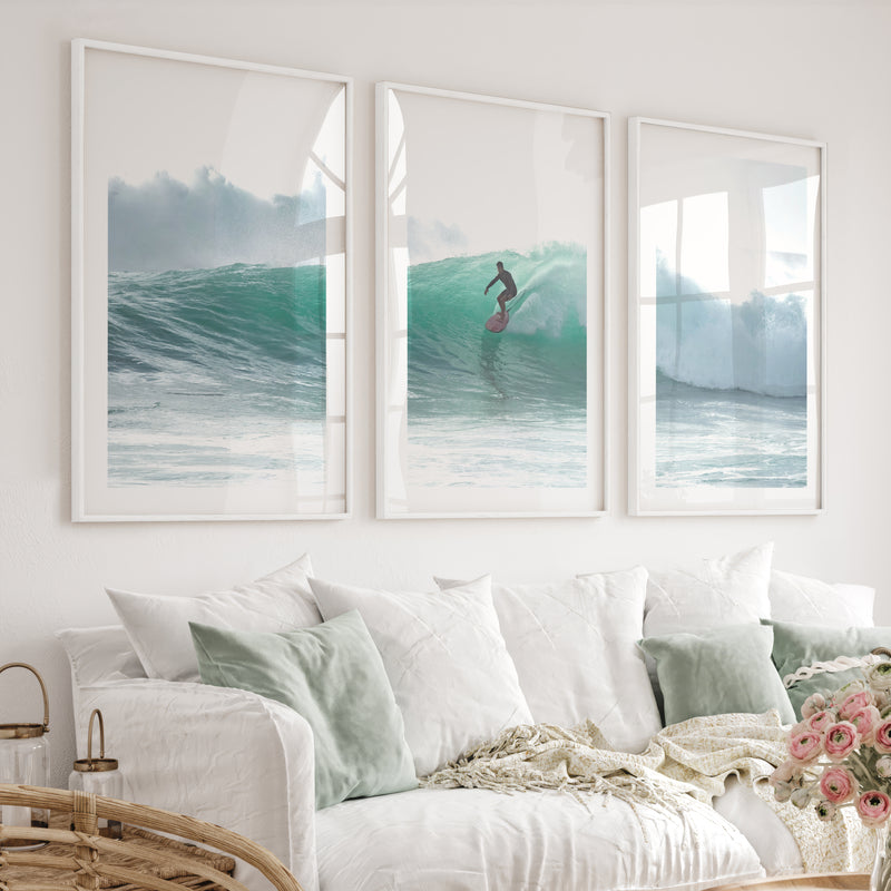 Surfer on Turquoise Wave Seashore Wall Art - White Framed Poster with White Border - Artworksets