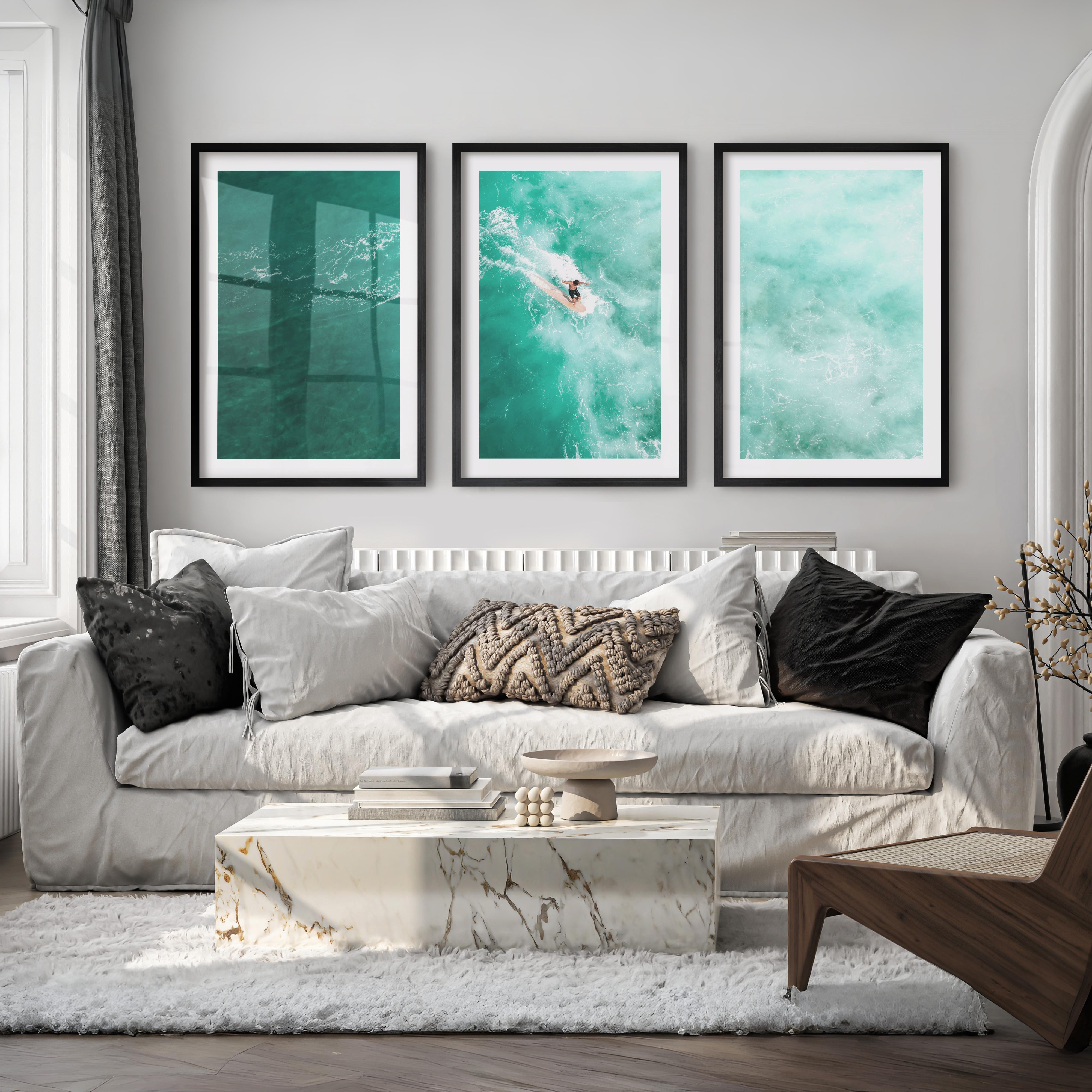 Teal Surfer seashore wall art - Black Framed Poster with White Border - Artworksets