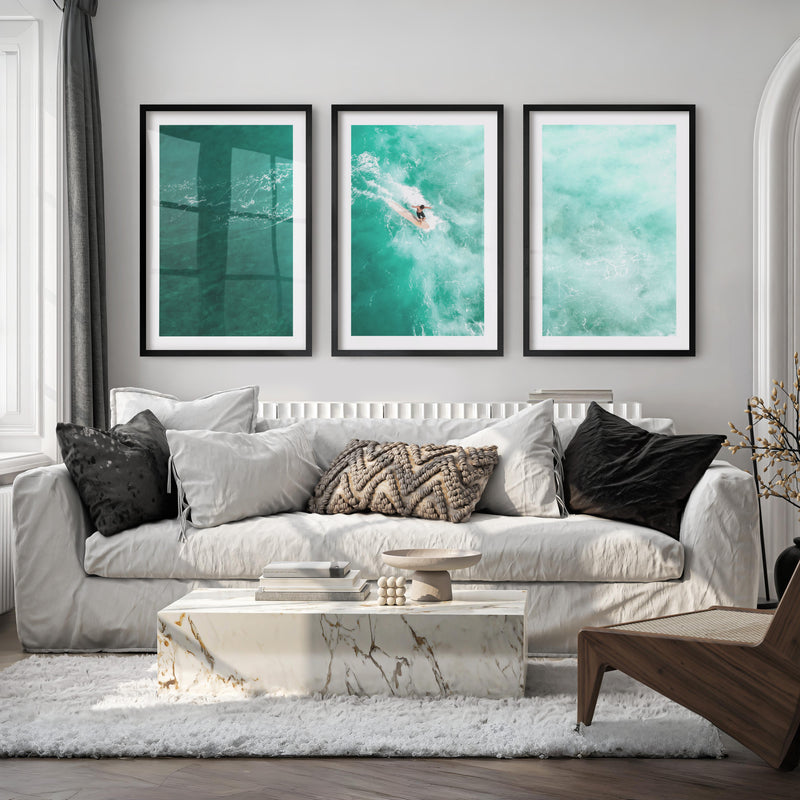 Teal Surfer seashore wall art - Black Framed Poster with White Border - Artworksets