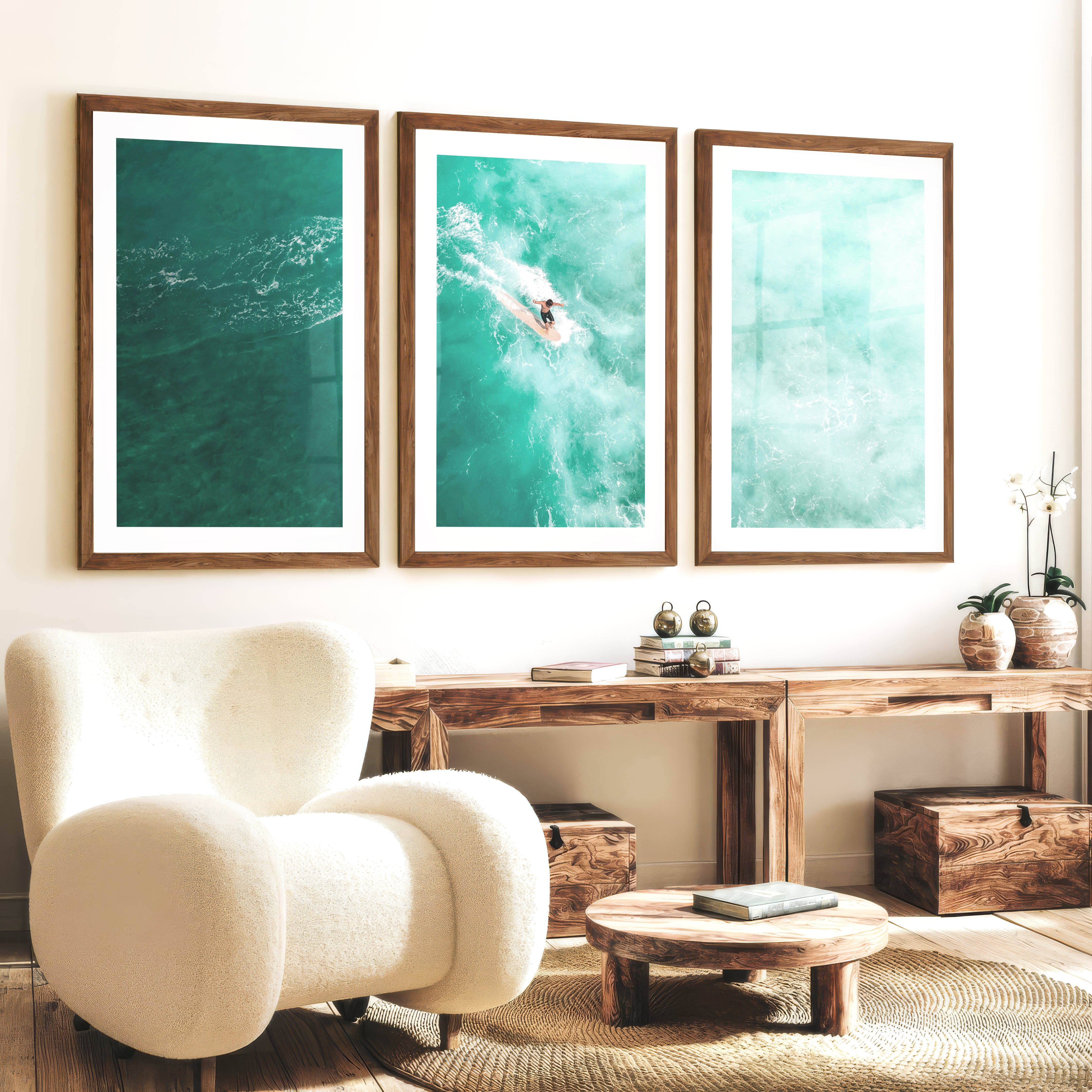 Teal Surfer seashore wall art - Dark Brown Framed Poster with White Border - Artworksets