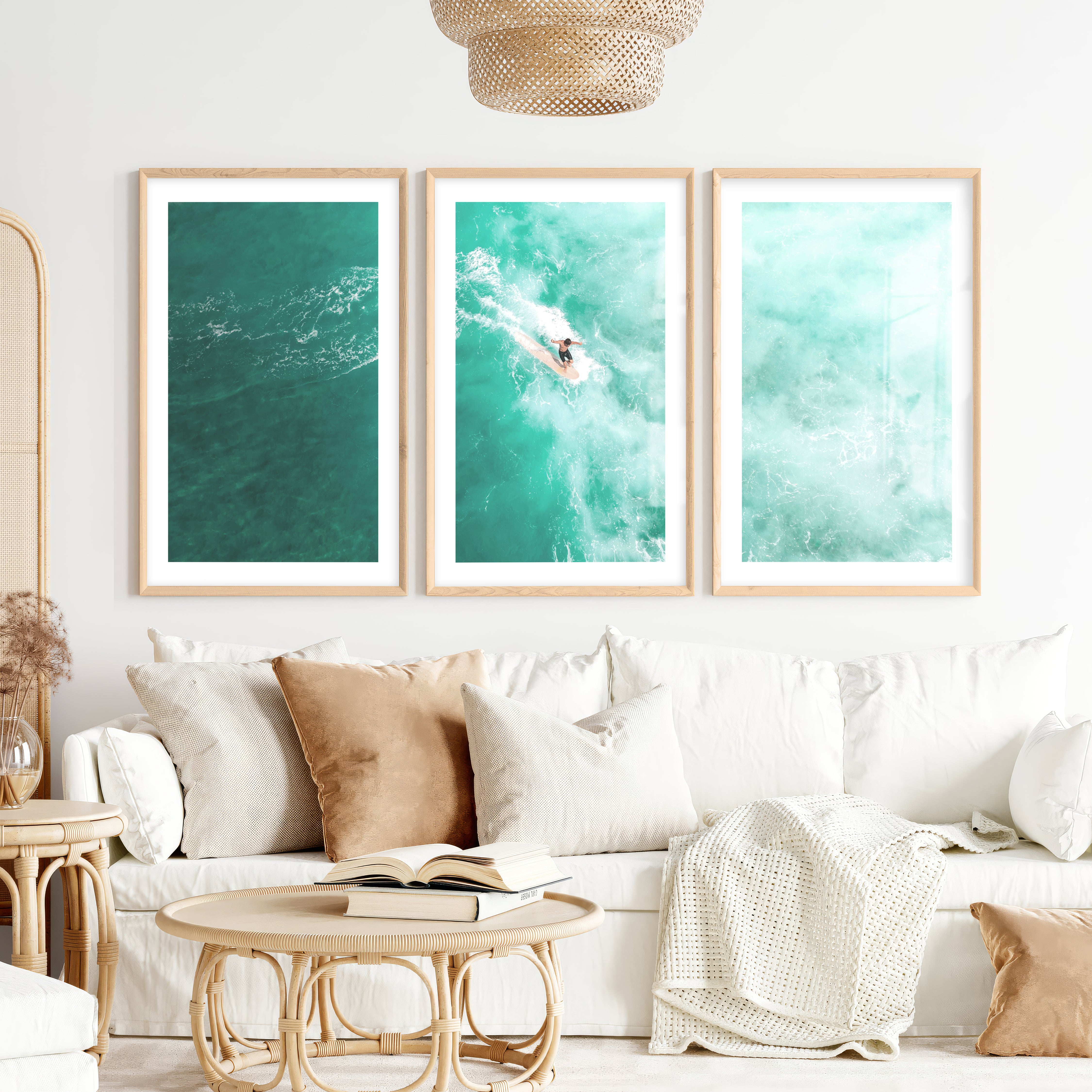 Teal Surfer seashore wall art- Natural Wood Framed Poster with White Border - Artworksets