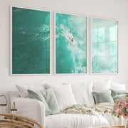 Teal Surfer seashore wall art - White Framed Poster No Border - Artworksets
