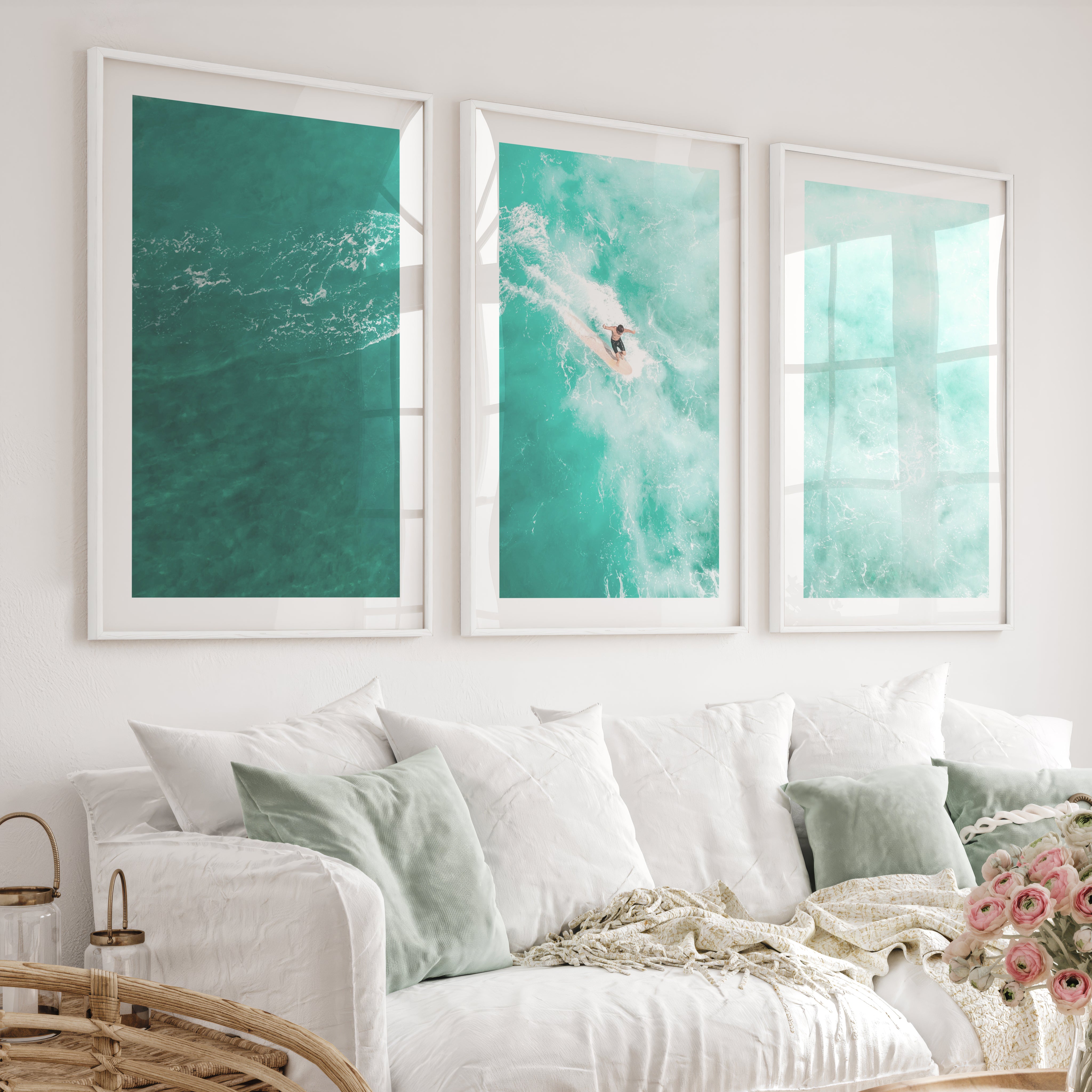 Teal Surfer seashore wall art - White Framed Poster with White Border - Artworksets