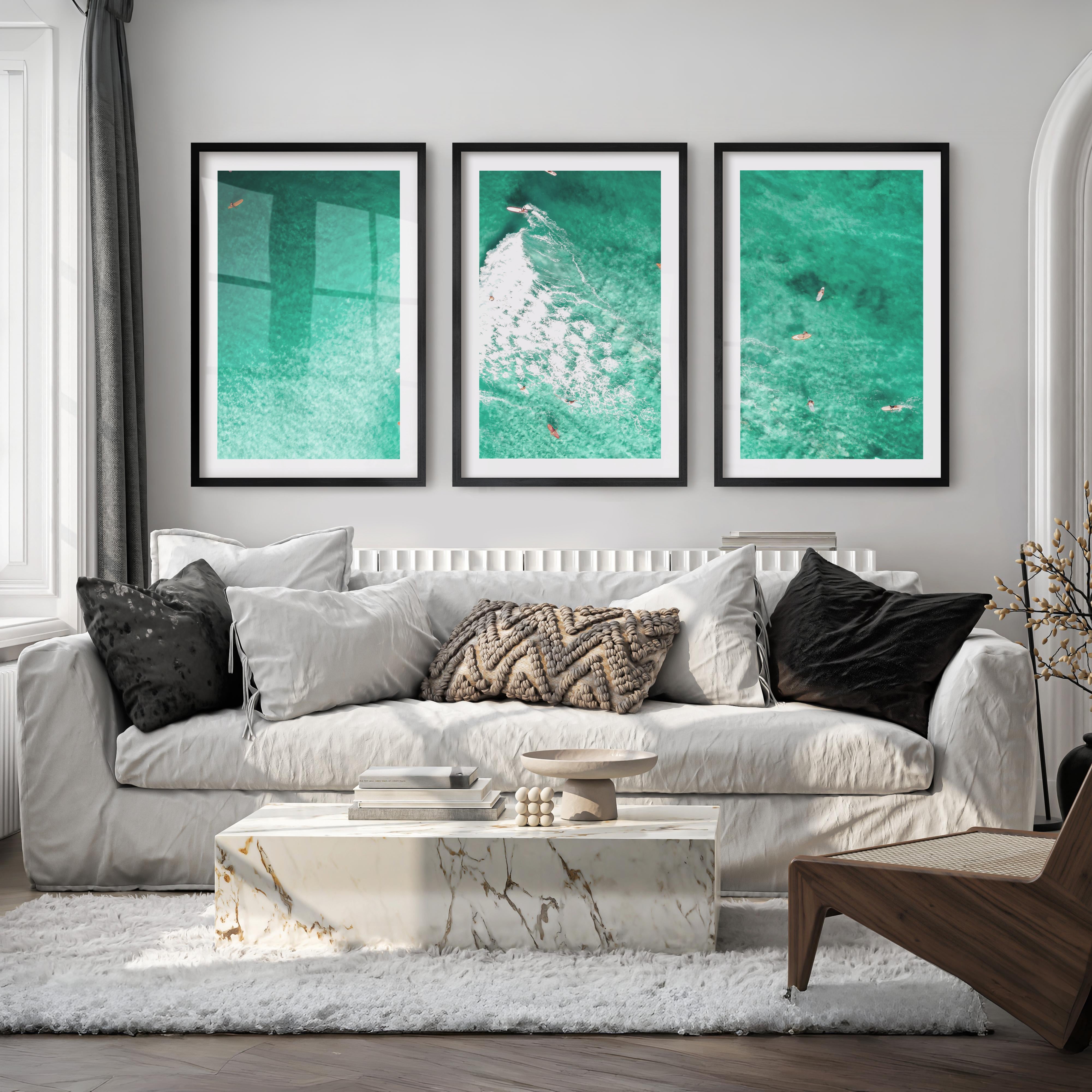 Aerial Surfers Seaside Framed Prints - Black Framed Poster with White Border - Artworksets