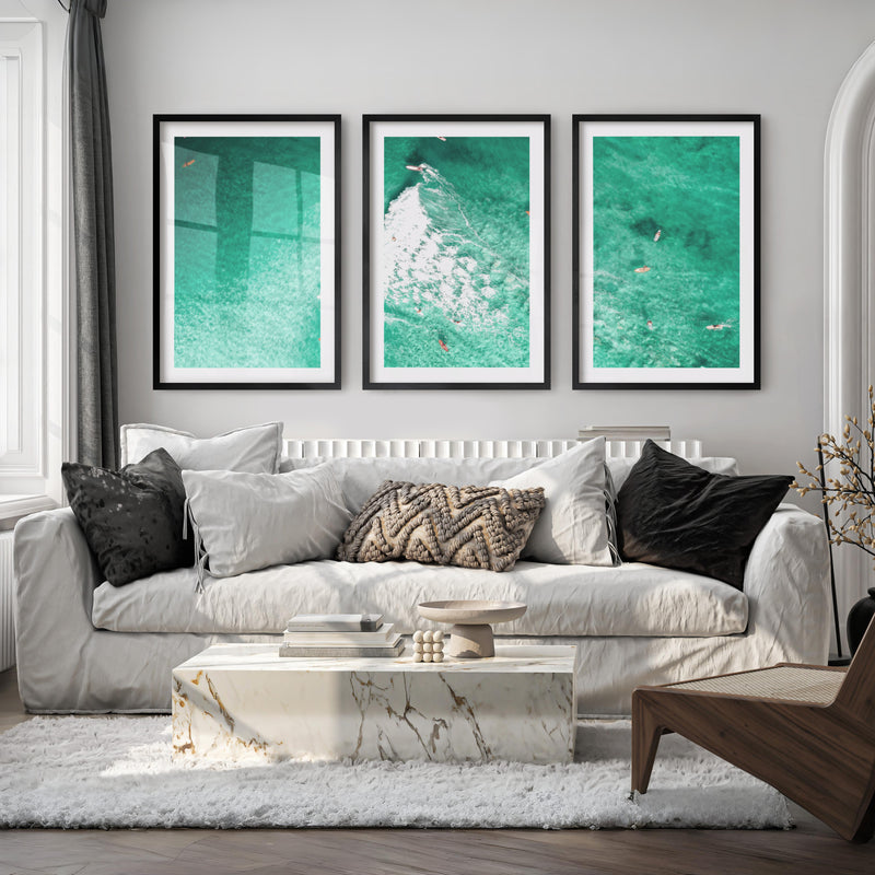 Aerial Surfers Seaside Framed Prints - Black Framed Poster with White Border - Artworksets