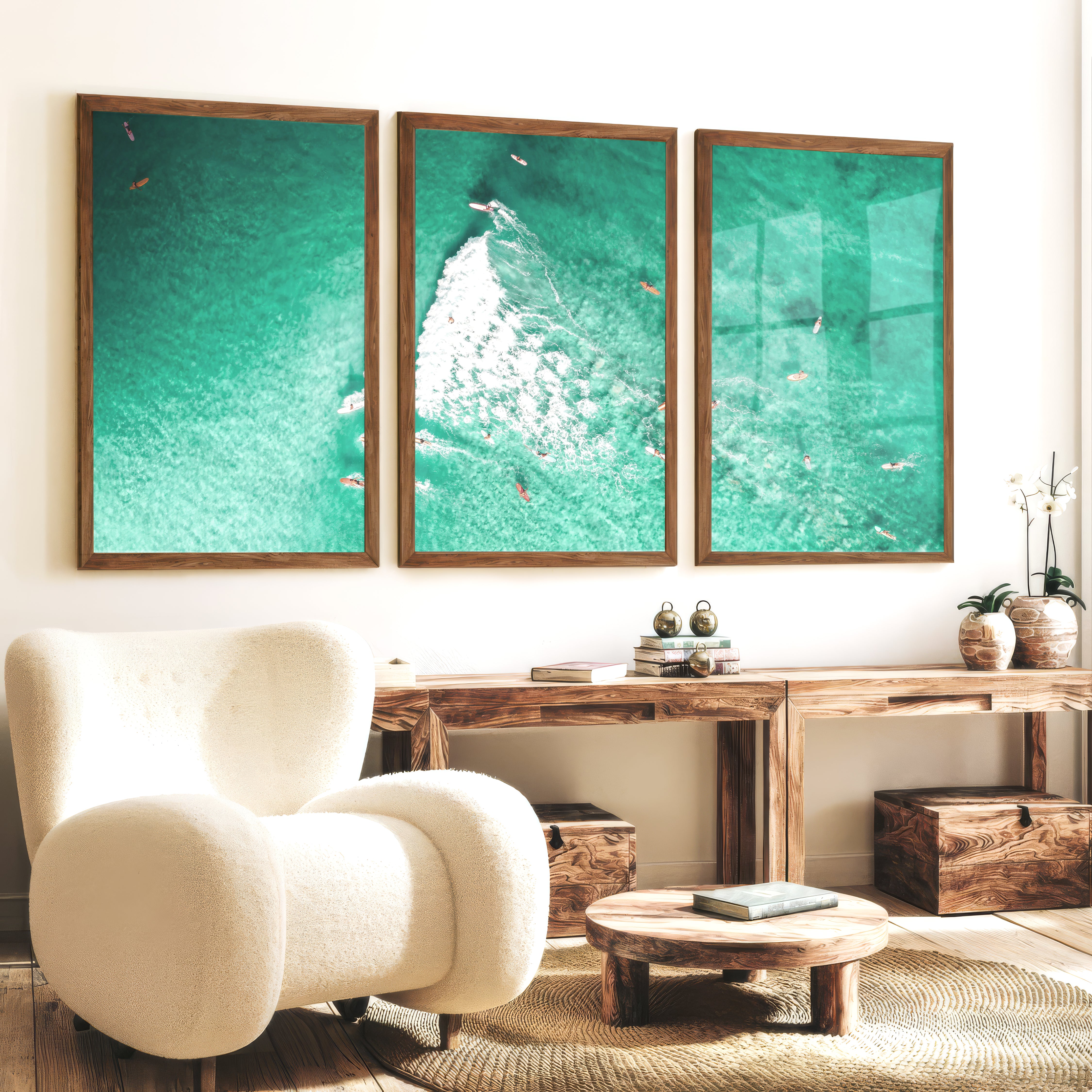 Aerial Surfers Seaside Framed Prints - Dark Brown Framed Poster No Border - Artworksets