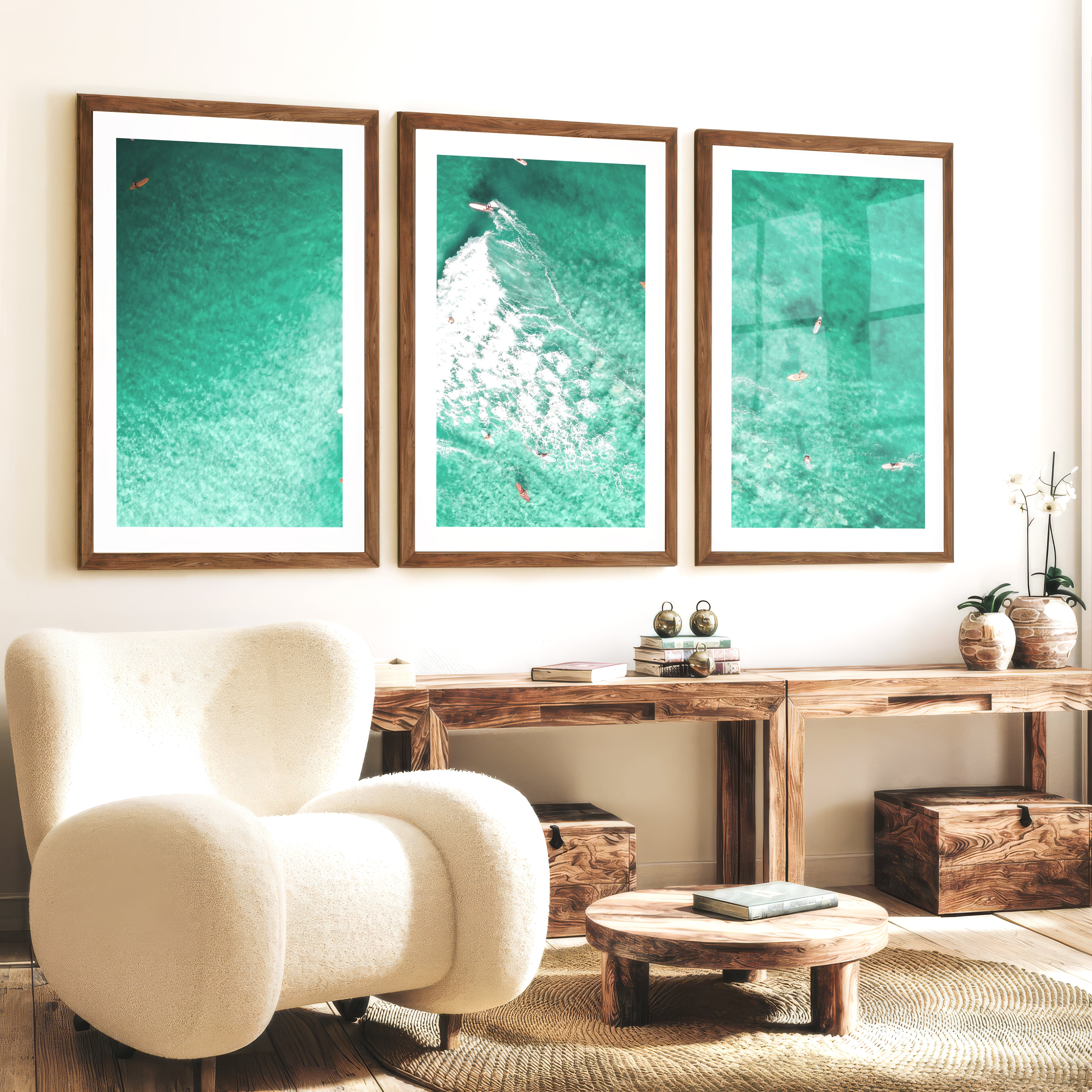 Aerial Surfers Seaside Framed Prints - Dark Brown Framed Poster with White Border - Artworksets