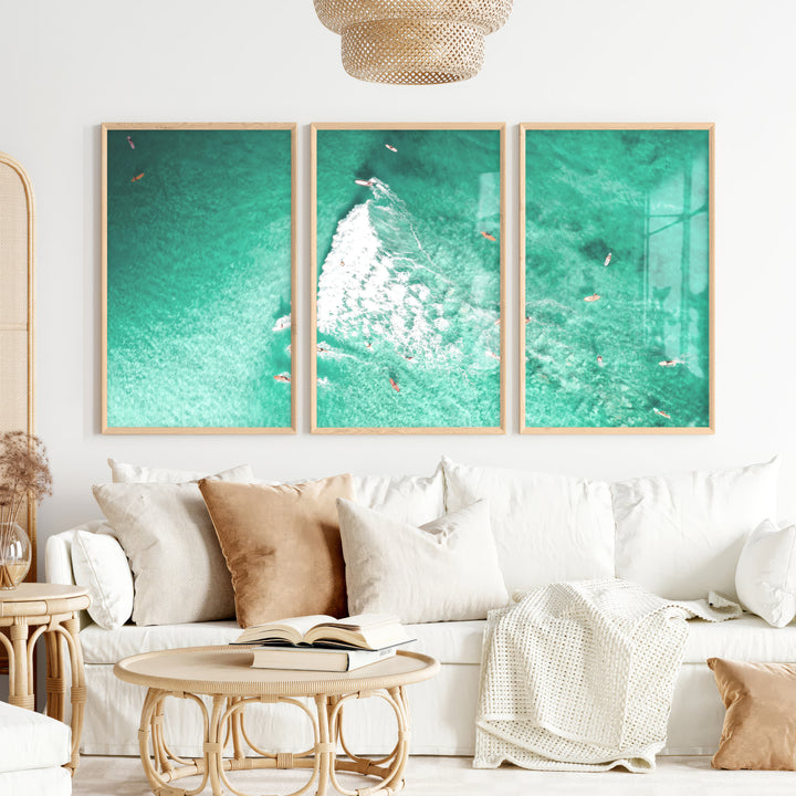 Aerial Surfers Seaside Framed Prints - Natural Wood Framed Poster No Border - Artworksets