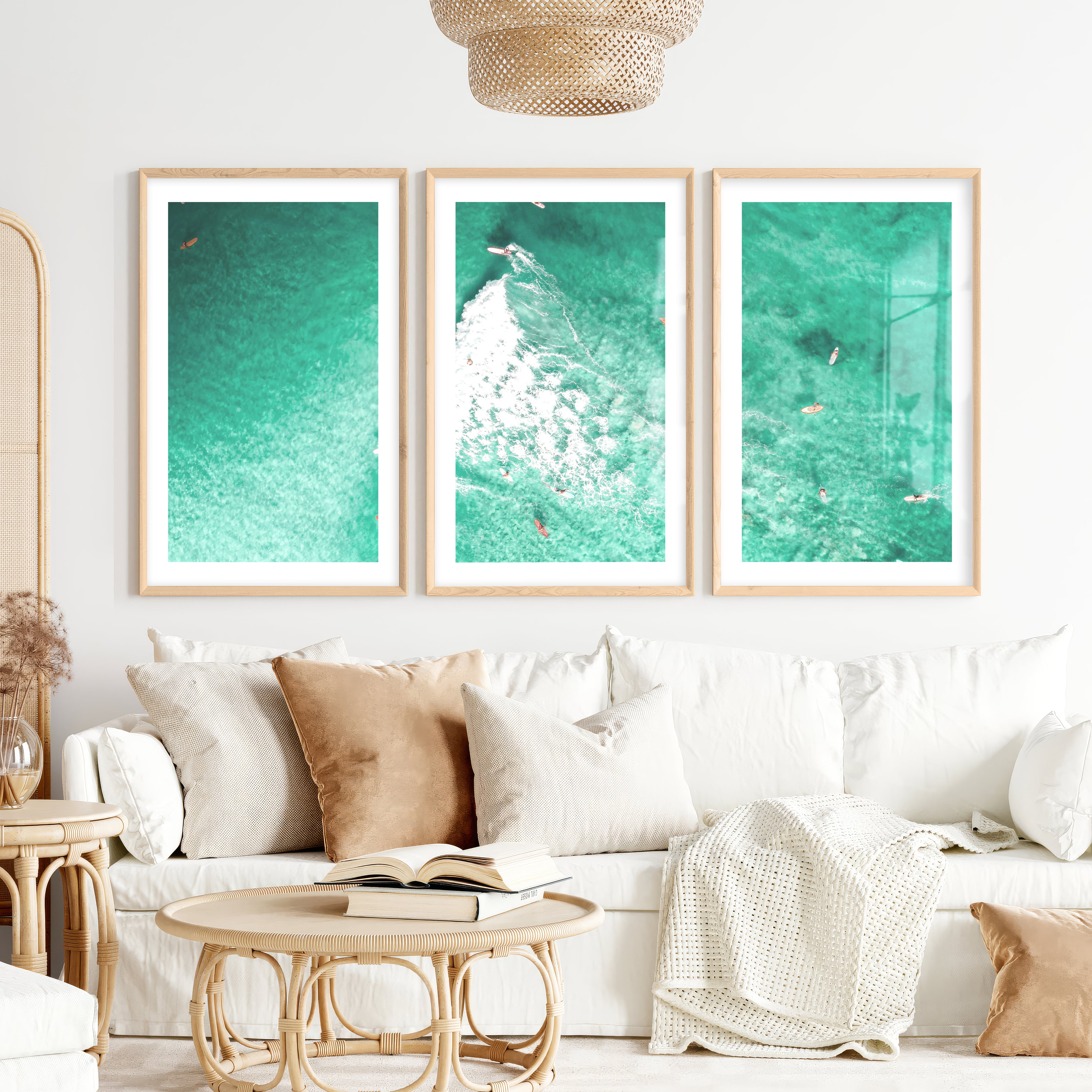 Aerial Surfers Seaside Framed Prints- Natural Wood Framed Poster with White Border - Artworksets