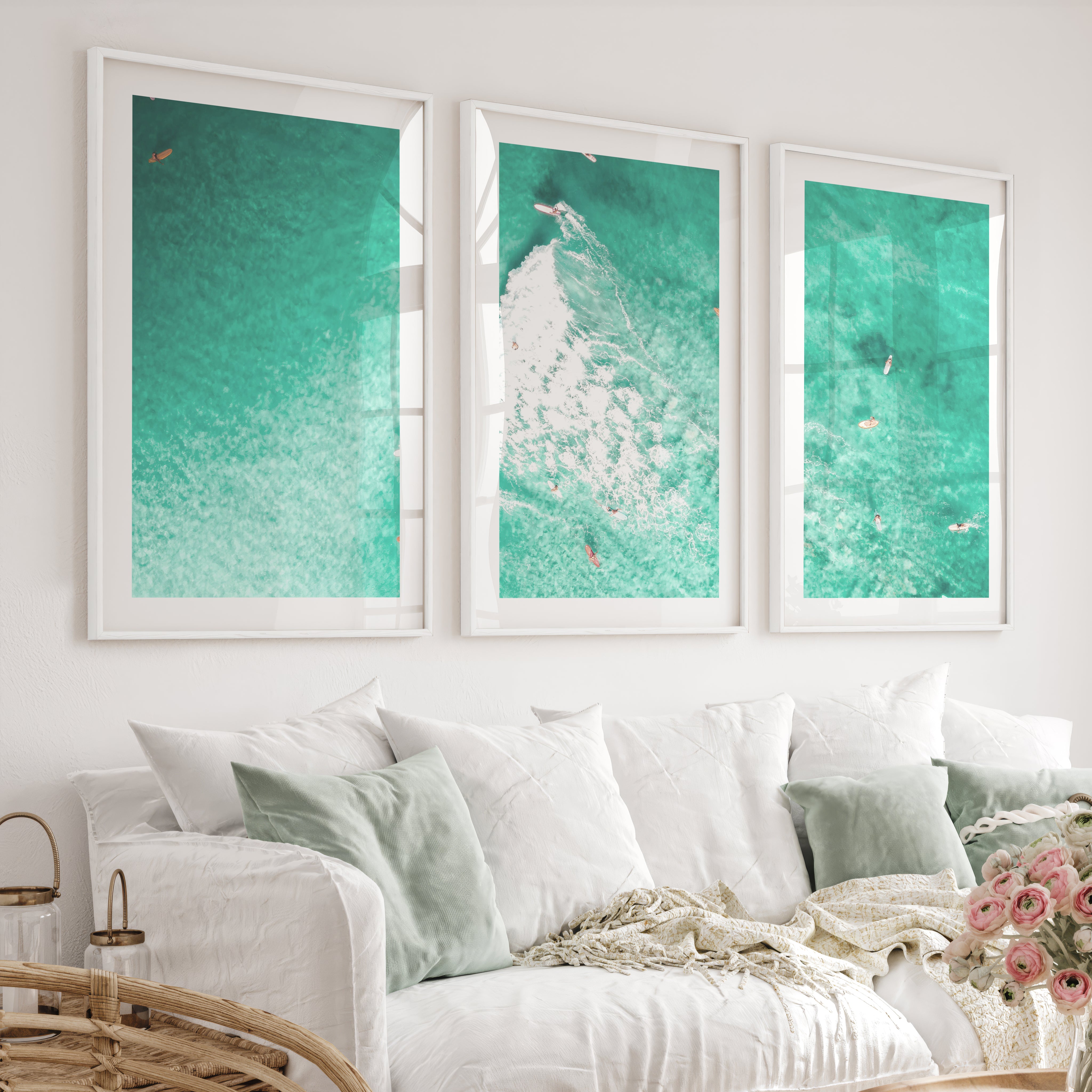 Aerial Surfers Seaside Framed Prints - White Framed Poster with White Border - Artworksets