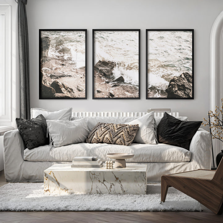 Rocky Shore seaside prints with Foaming Waves - Black Framed Poster No Border - Artworksets