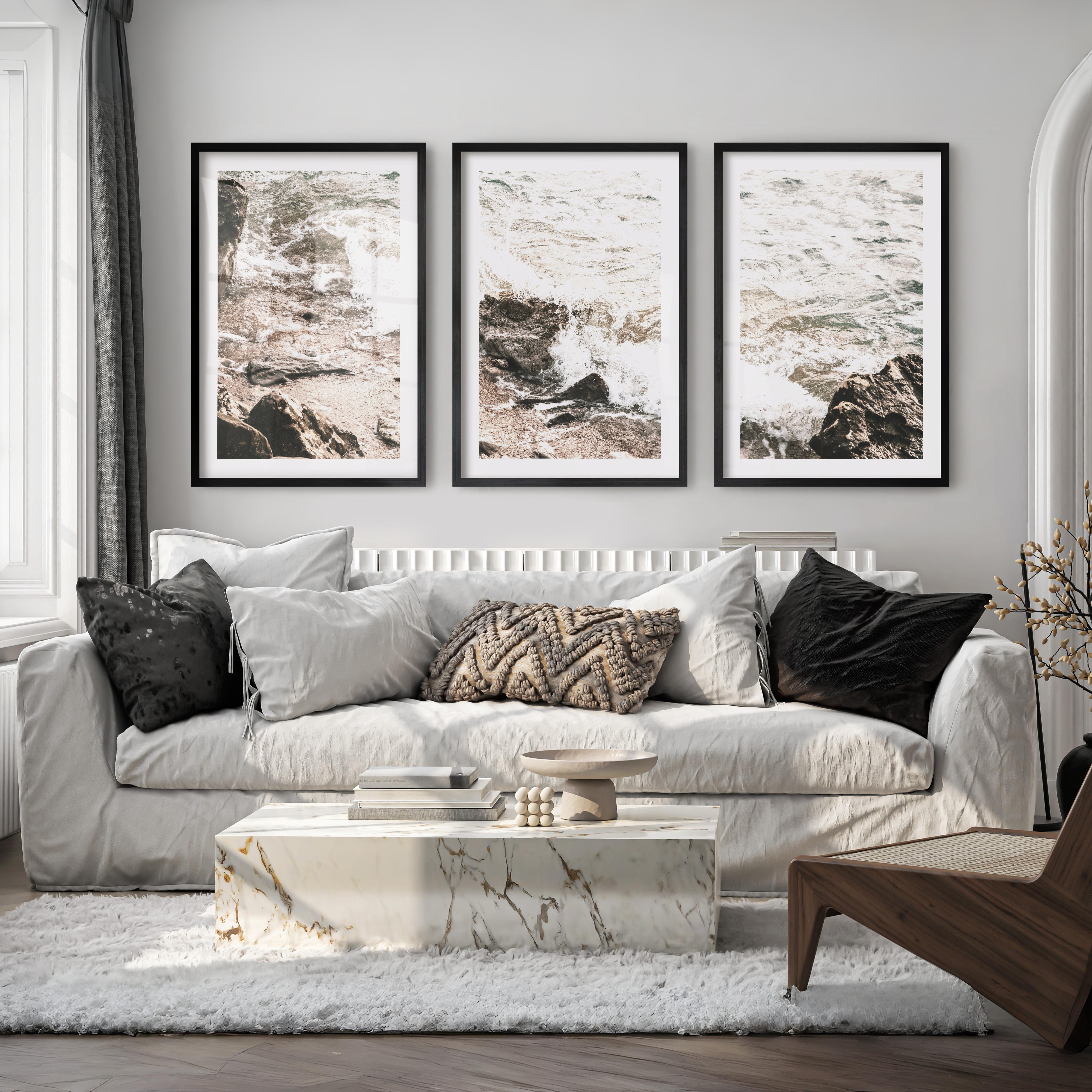 Rocky Shore seaside prints with Foaming Waves - Black Framed Poster with White Border - Artworksets