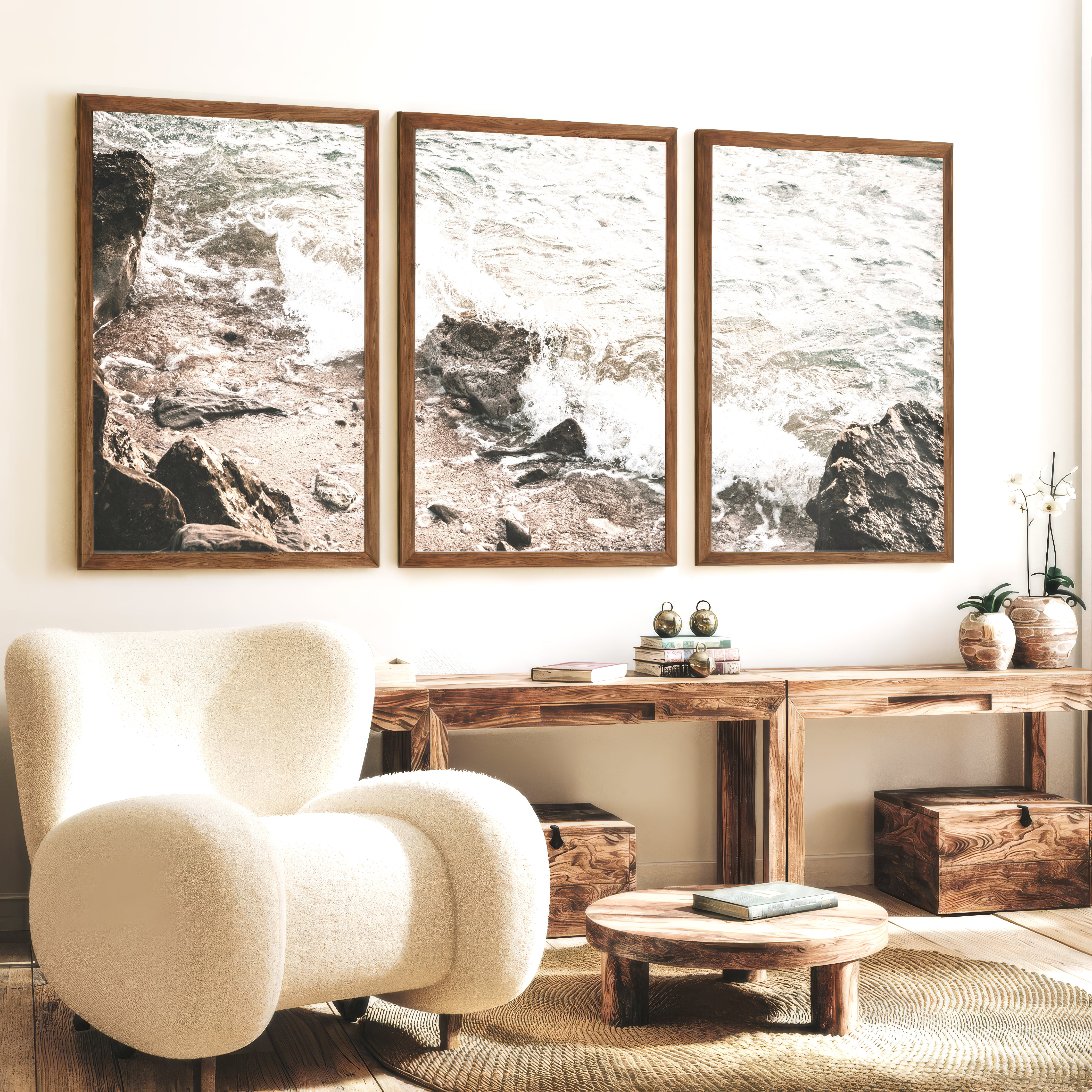 Rocky Shore seaside prints with Foaming Waves - Dark Brown Framed Poster No Border - Artworksets
