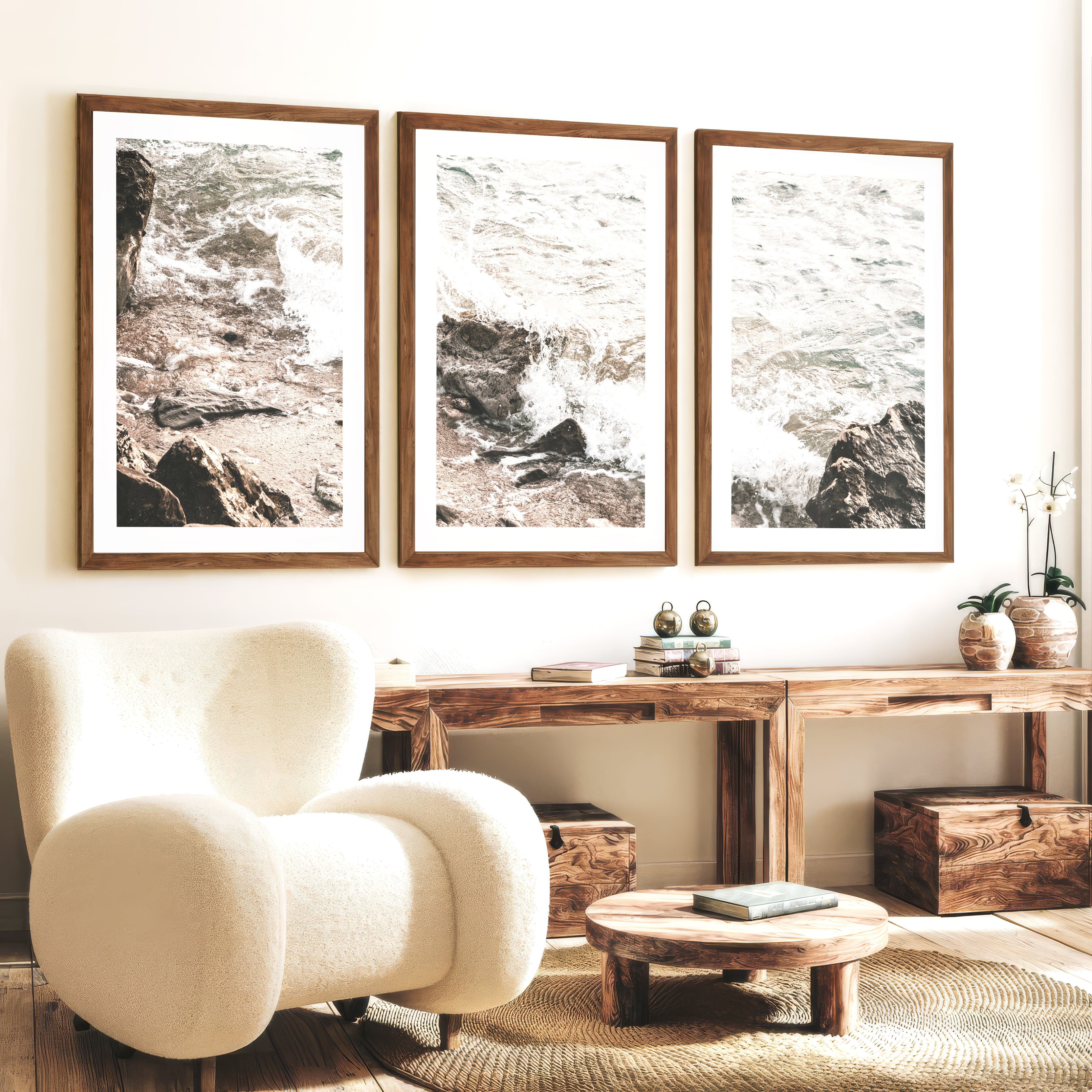 Rocky Shore seaside prints with Foaming Waves - Dark Brown Framed Poster with White Border - Artworksets