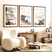 Rocky Shore seaside prints with Foaming Waves - Dark Brown Framed Poster with White Border - Artworksets