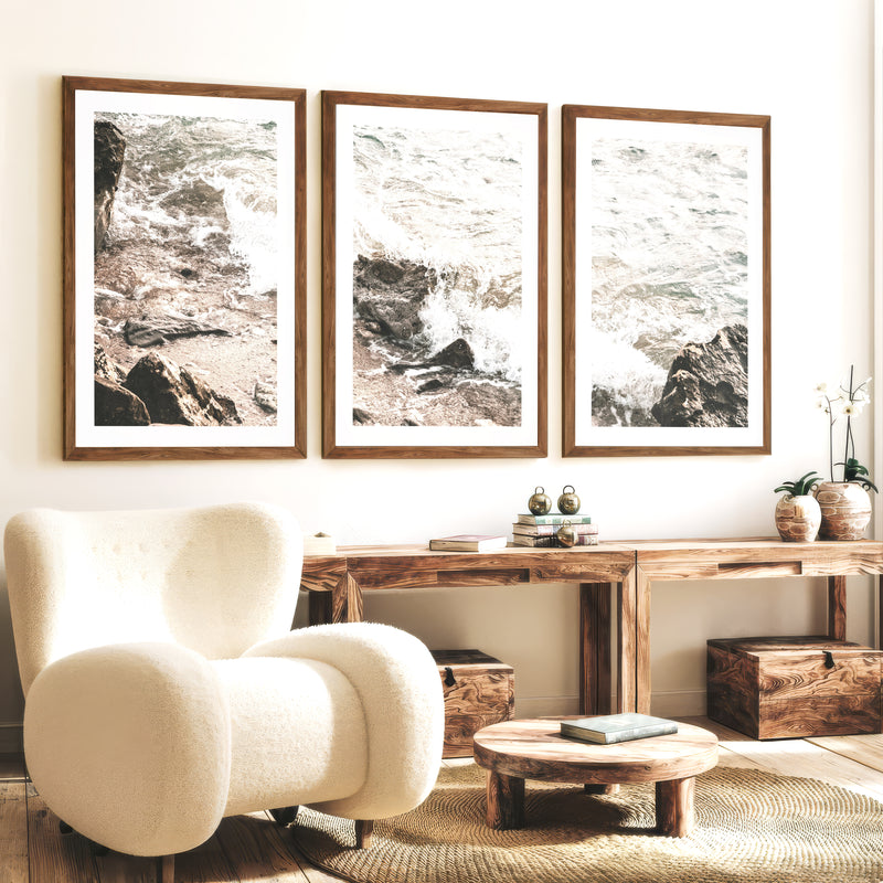 Rocky Shore seaside prints with Foaming Waves - Dark Brown Framed Poster with White Border - Artworksets