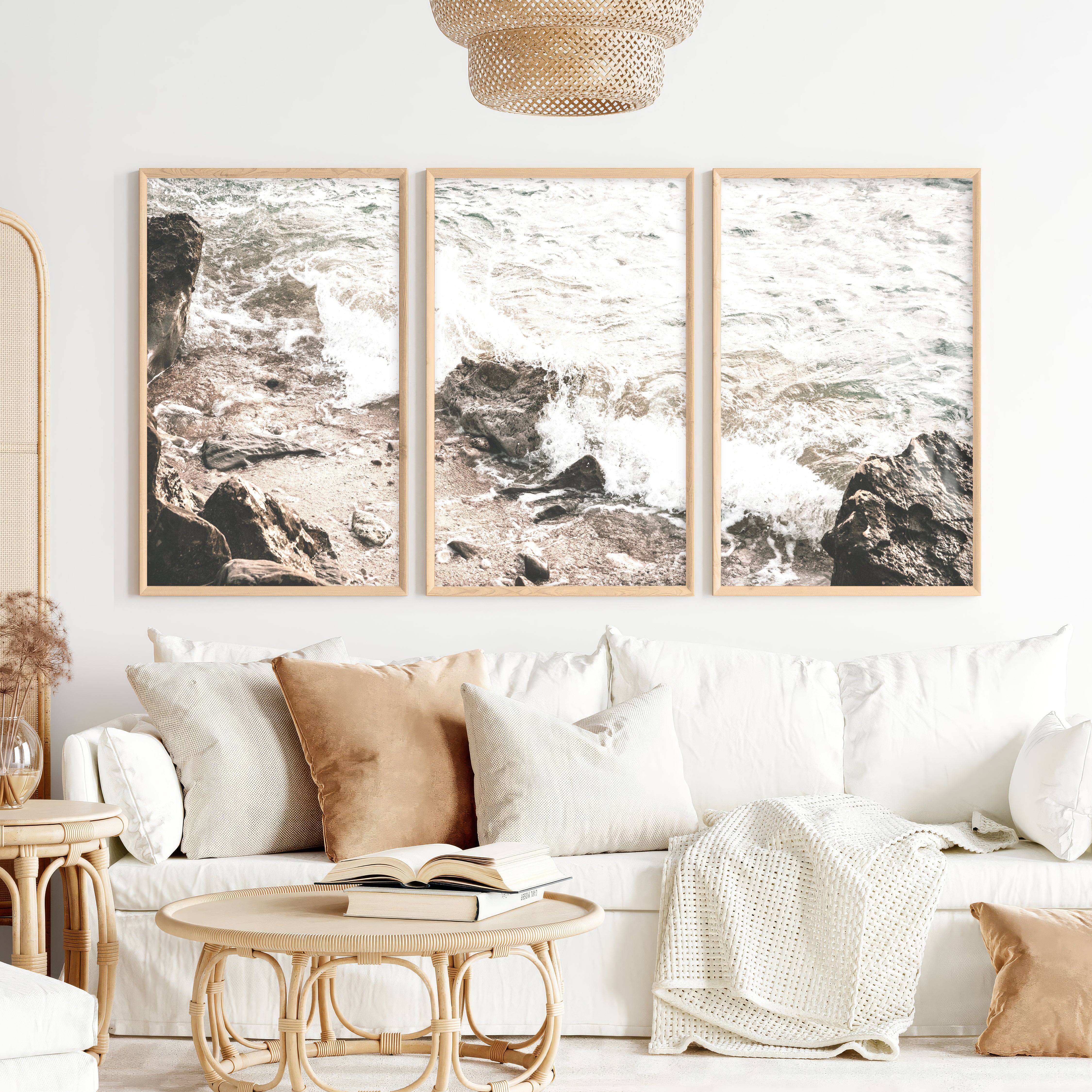 Rocky Shore seaside prints with Foaming Waves - Natural Wood Framed Poster No Border - Artworksets