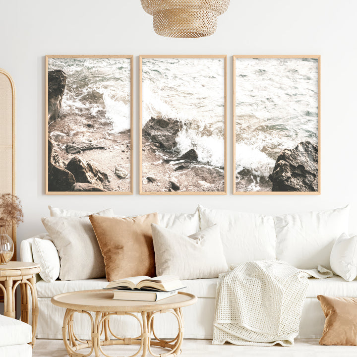 Rocky Shore seaside prints with Foaming Waves - Natural Wood Framed Poster No Border - Artworksets