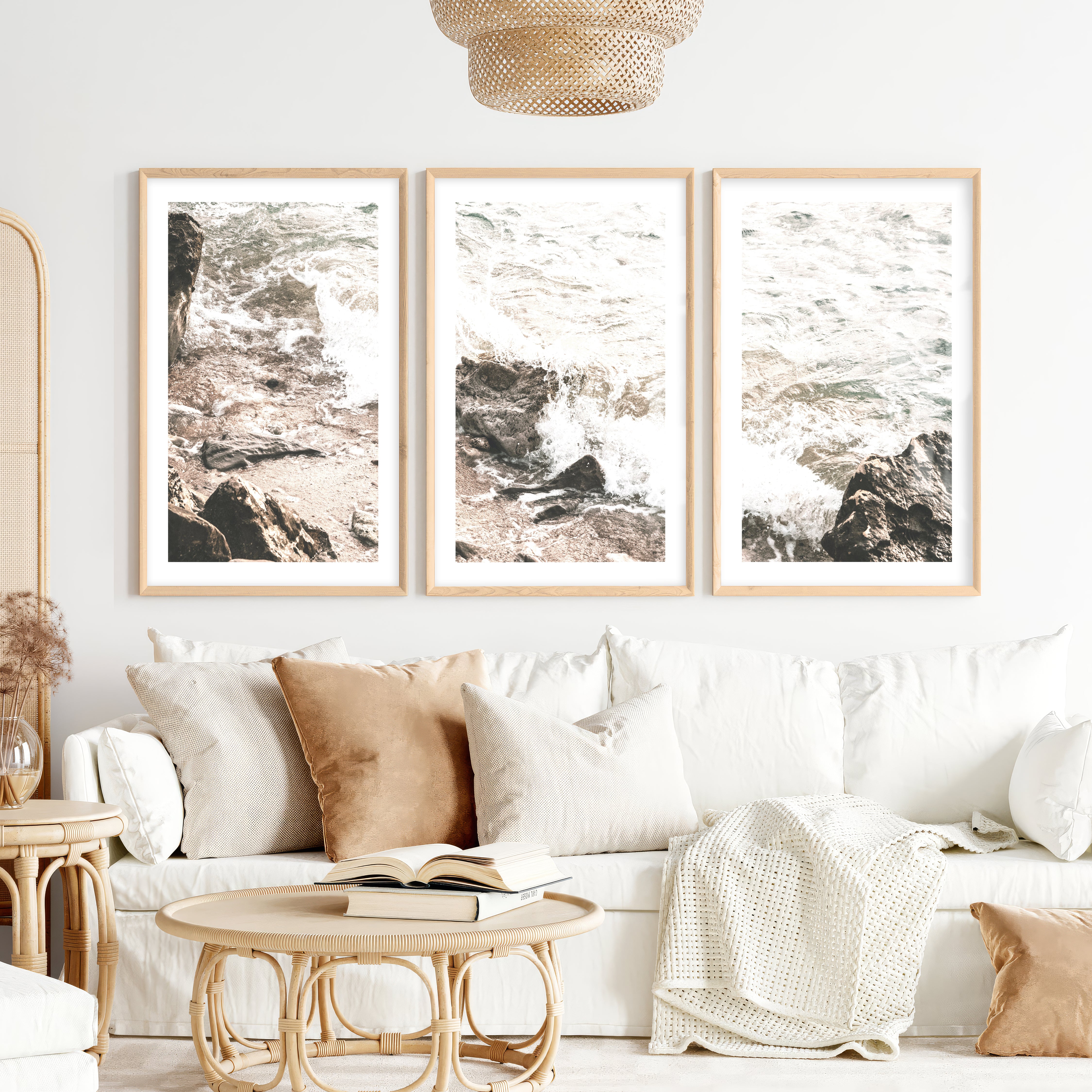 Rocky Shore seaside prints with Foaming Waves- Natural Wood Framed Poster with White Border - Artworksets