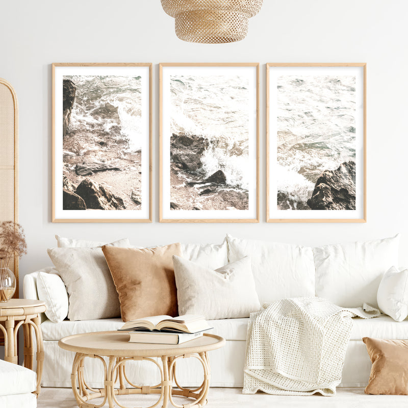 Rocky Shore seaside prints with Foaming Waves- Natural Wood Framed Poster with White Border - Artworksets