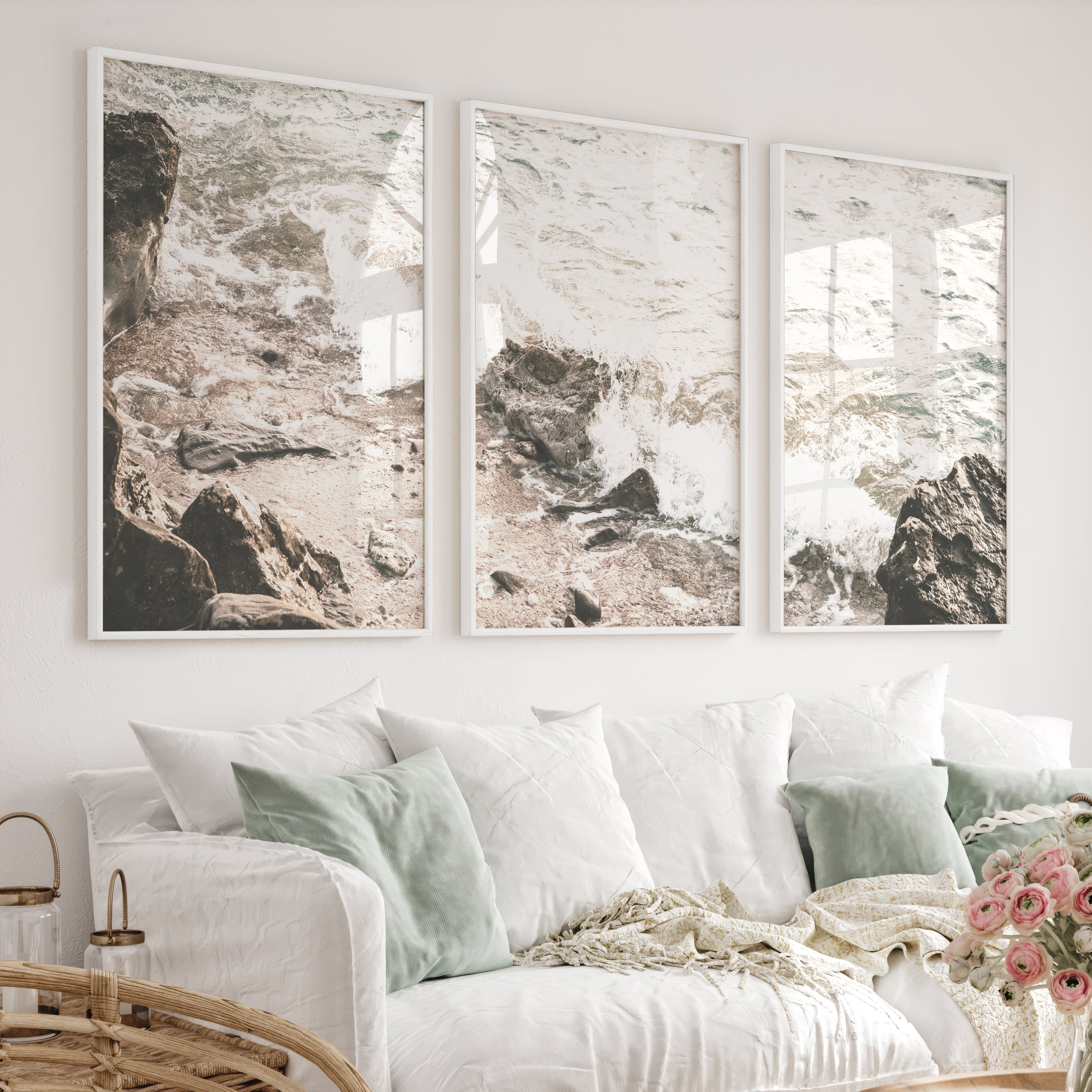 Rocky Shore seaside prints with Foaming Waves - White Framed Poster No Border - Artworksets