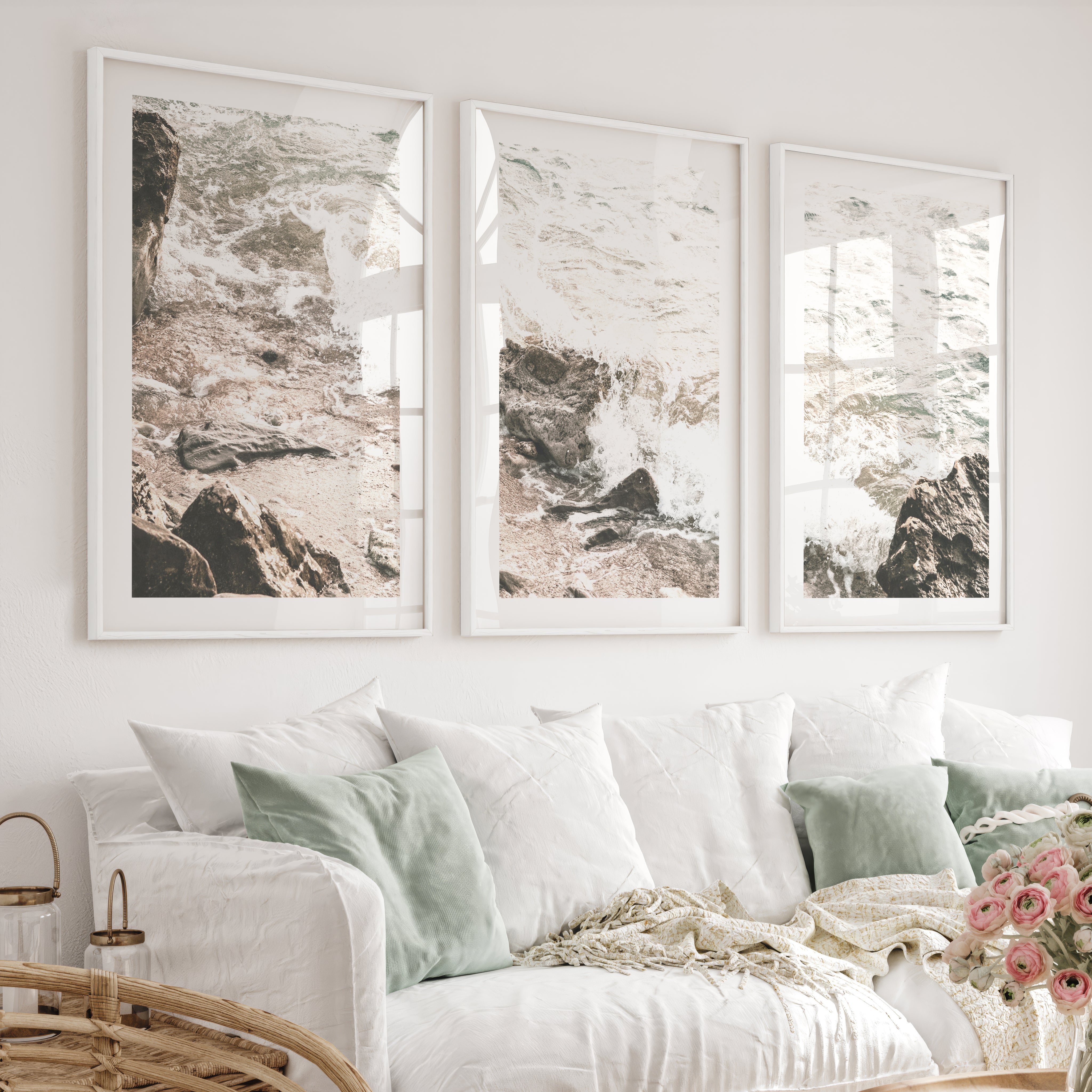 Rocky Shore seaside prints with Foaming Waves - White Framed Poster with White Border - Artworksets