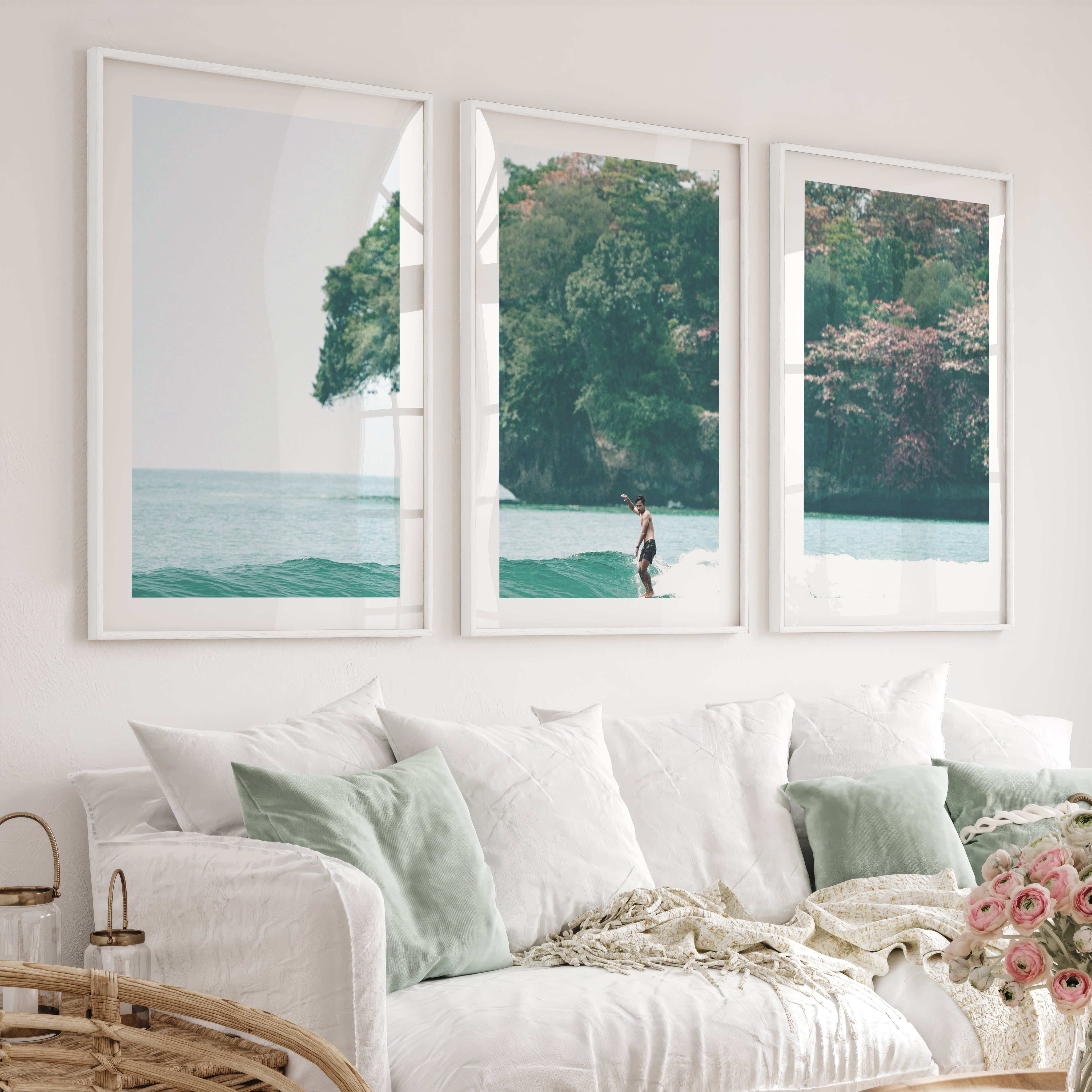 Island Surf Seaside Prints - White Framed Poster with White Border - Artworksets