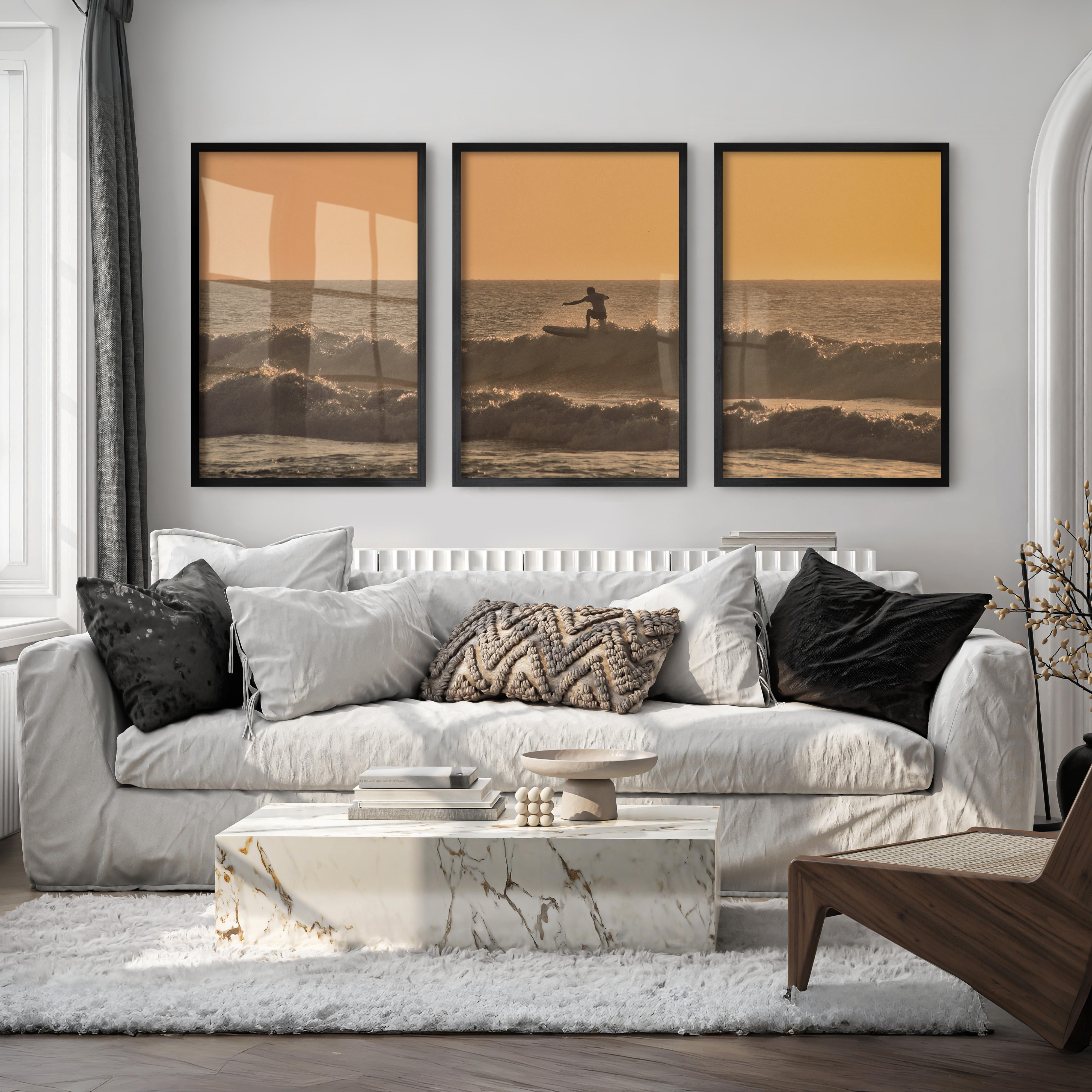 Golden Surf Silhouette seaside prints - Black Framed Poster No Border - Artworksets