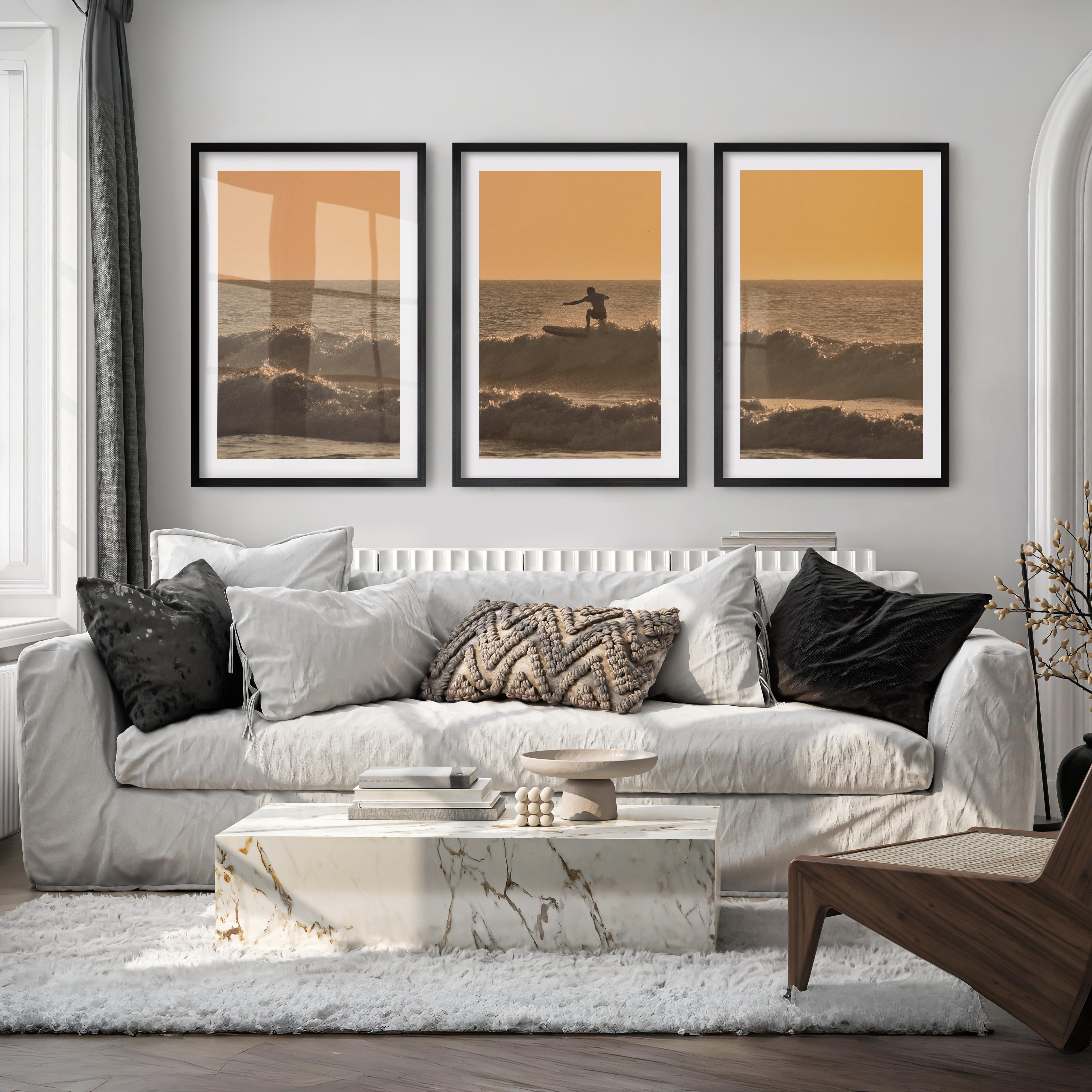 Golden Surf Silhouette seaside prints - Black Framed Poster with White Border - Artworksets