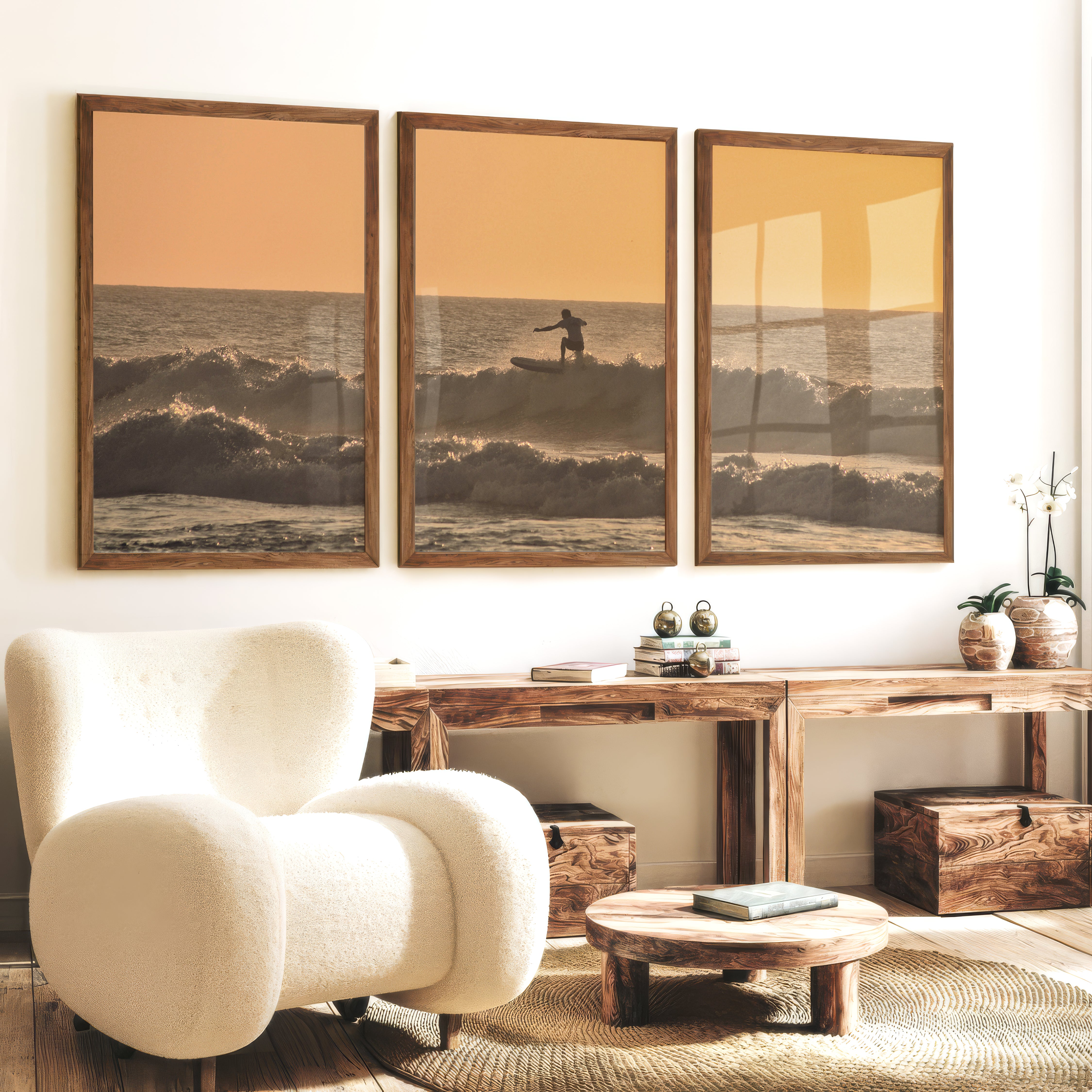Golden Surf Silhouette seaside prints - Dark Brown Framed Poster No Border - Artworksets
