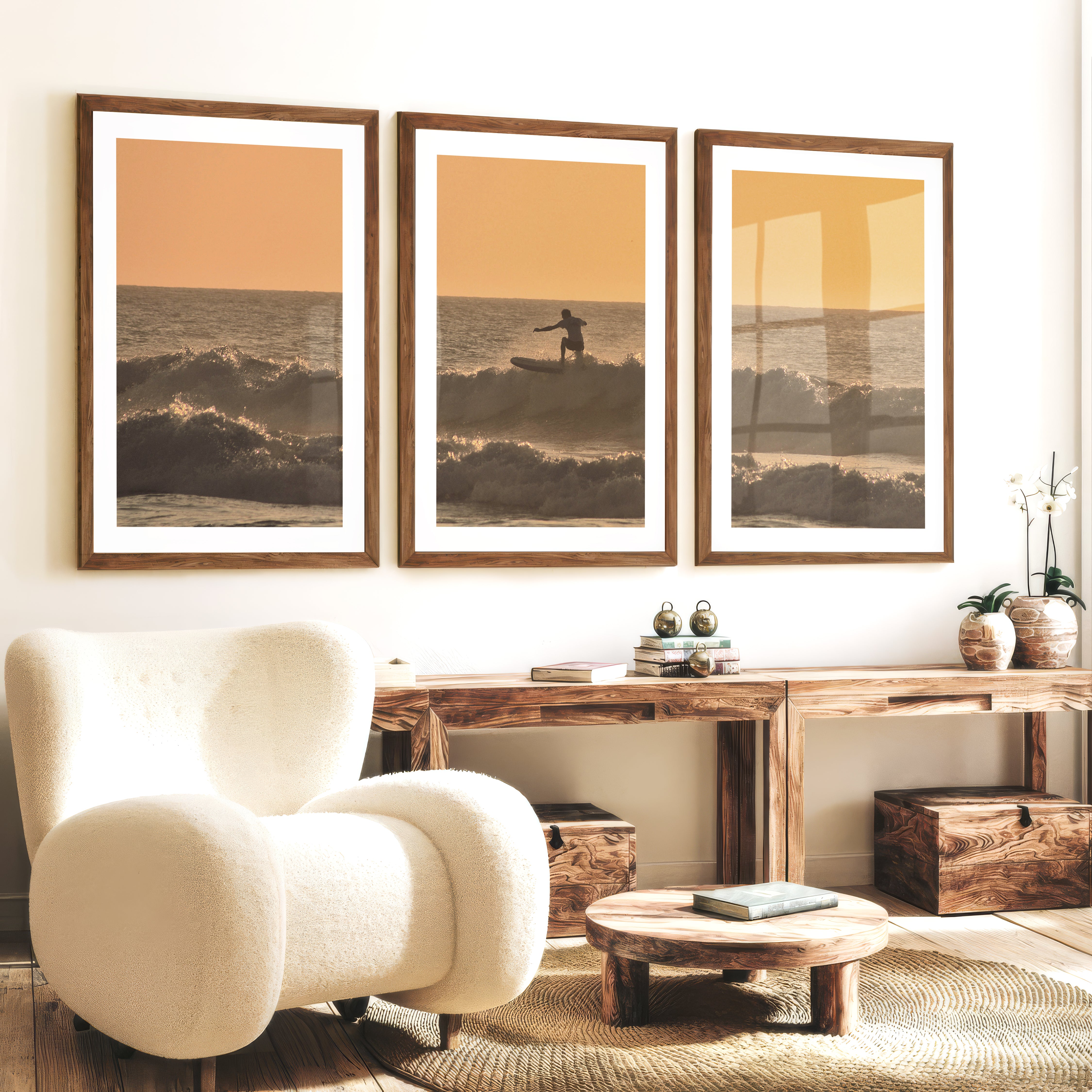 Golden Surf Silhouette seaside prints - Dark Brown Framed Poster with White Border - Artworksets