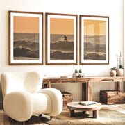 Golden Surf Silhouette seaside prints - Dark Brown Framed Poster with White Border - Artworksets