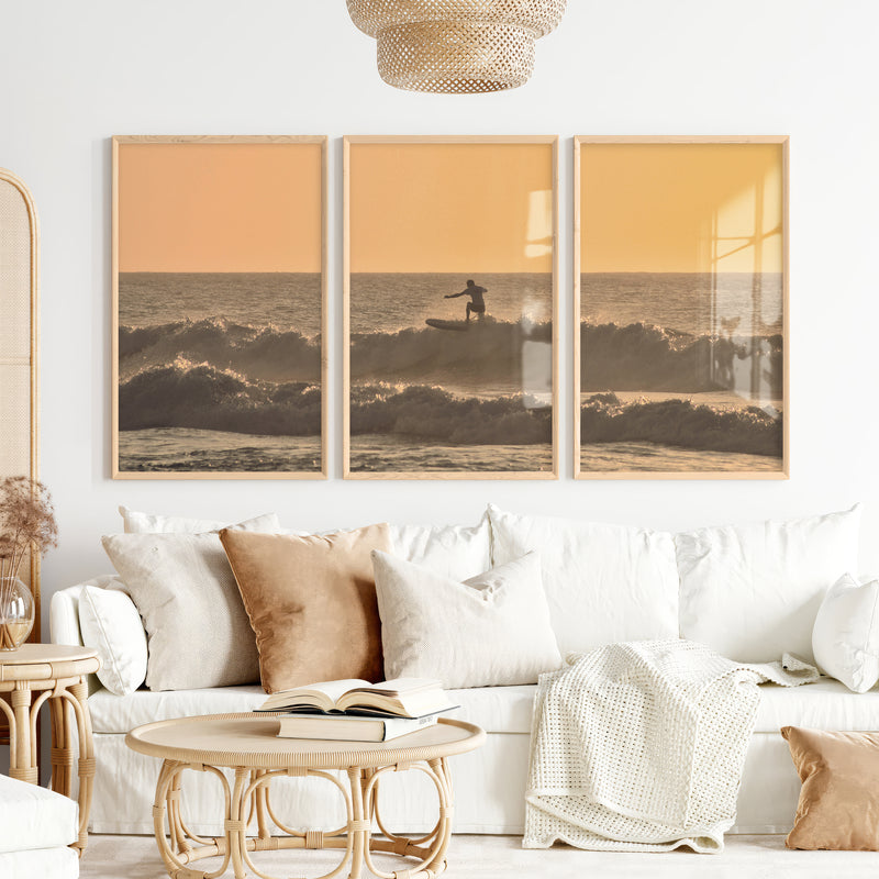 Golden Surf Silhouette seaside prints - Natural Wood Framed Poster No Border - Artworksets