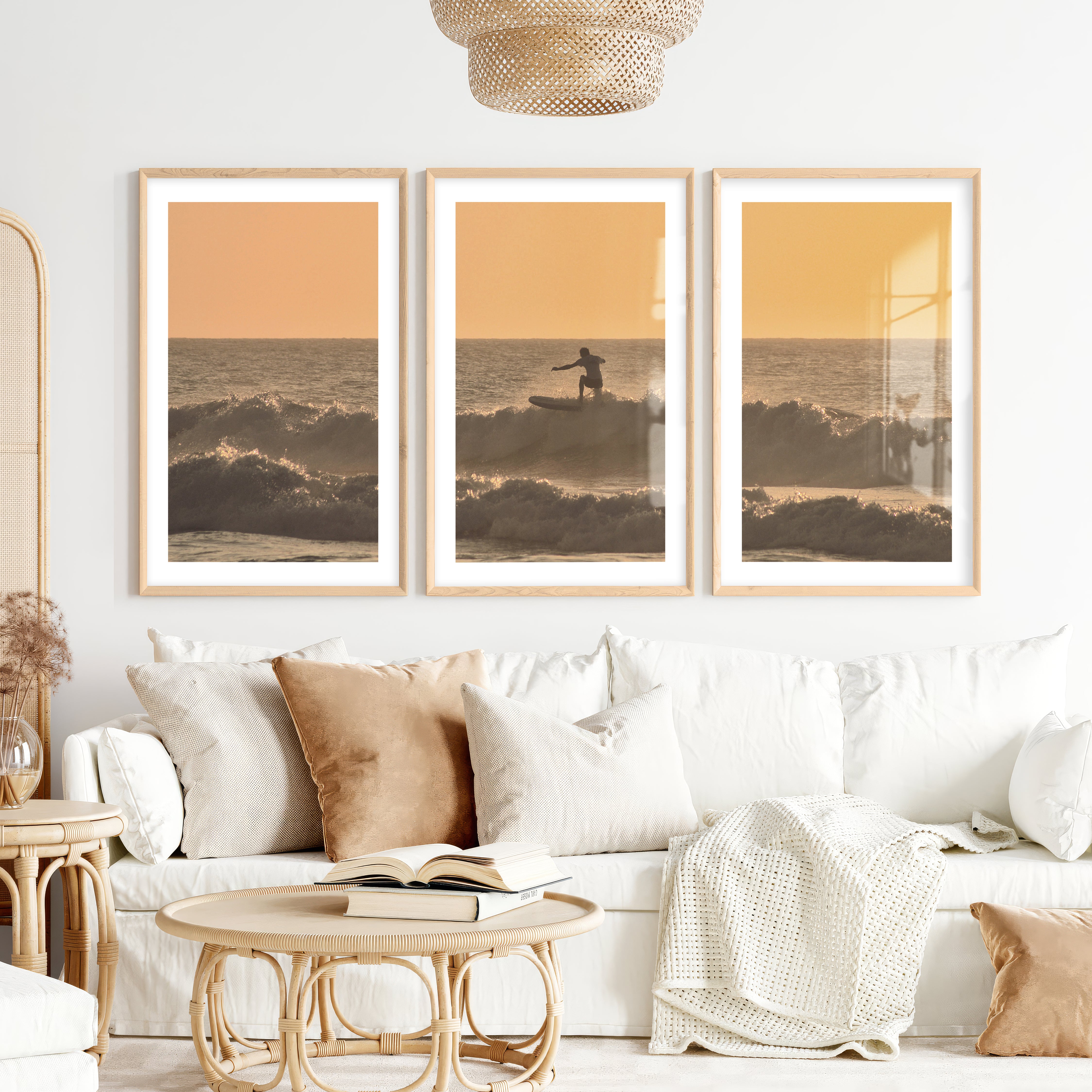 Golden Surf Silhouette seaside prints- Natural Wood Framed Poster with White Border - Artworksets